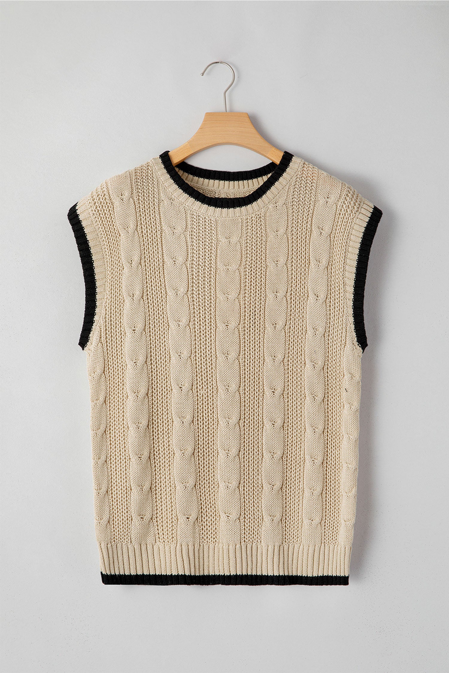 Apricot Cable Ribbed Knit Contrast Trim Loose Sweater Vest