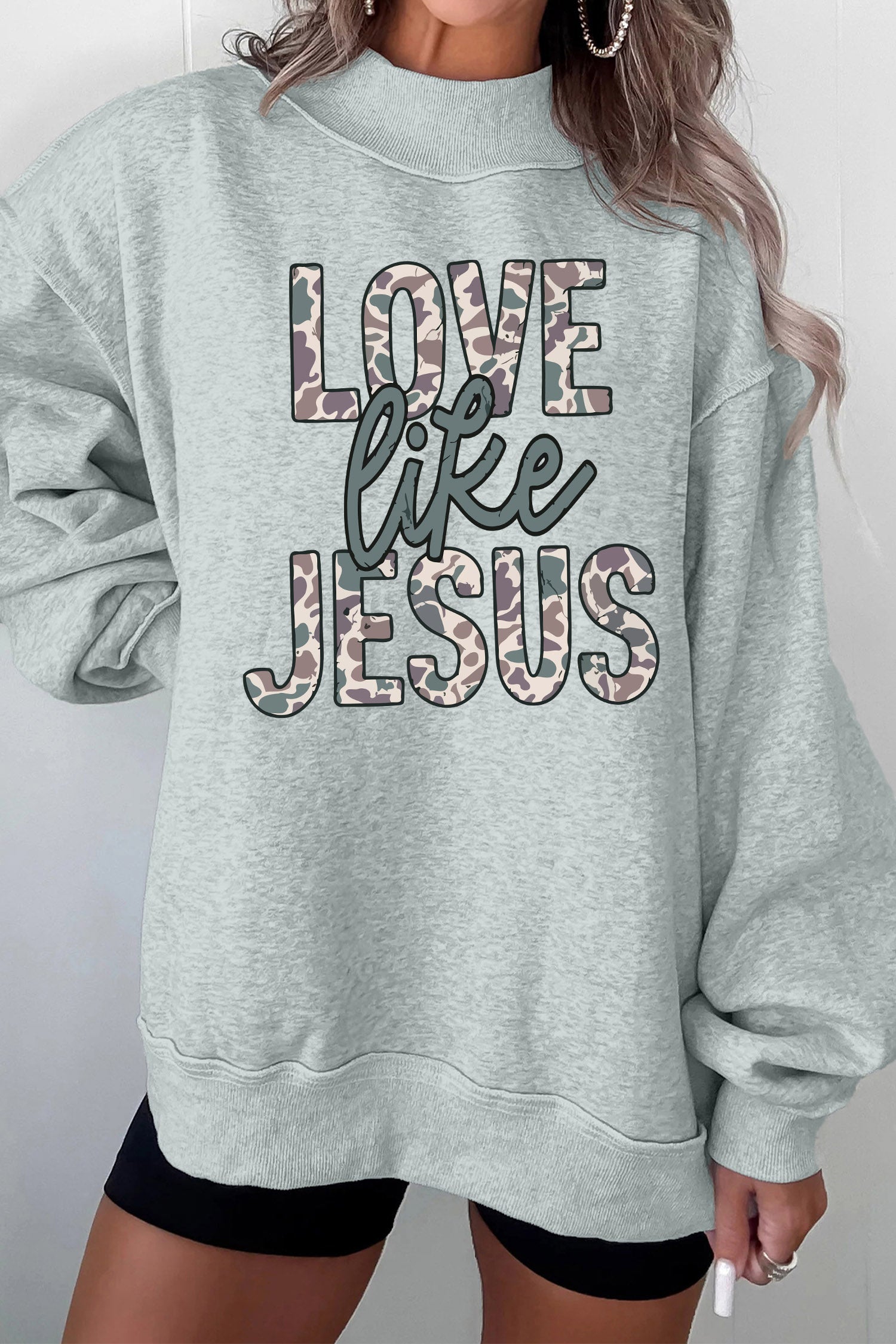 Gray Casual Camouflage Letter Print Faith Inspired Mock Neck Sweatshirt