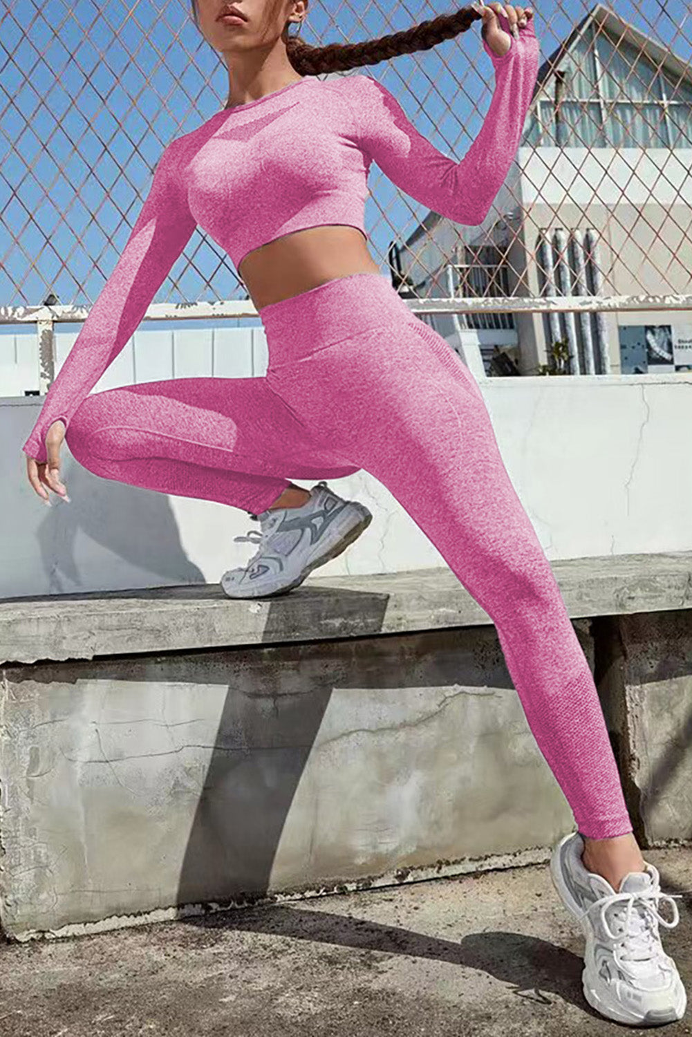 Bright Pink Solid Color Long Sleeve Crop Top Leggings Yoga Sports Set