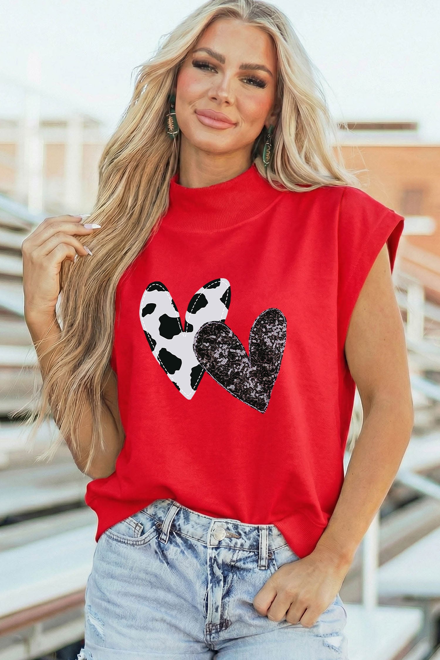 Racing Red Sequin Cow Pattern Hearts High Neck Cap Sleeve Top