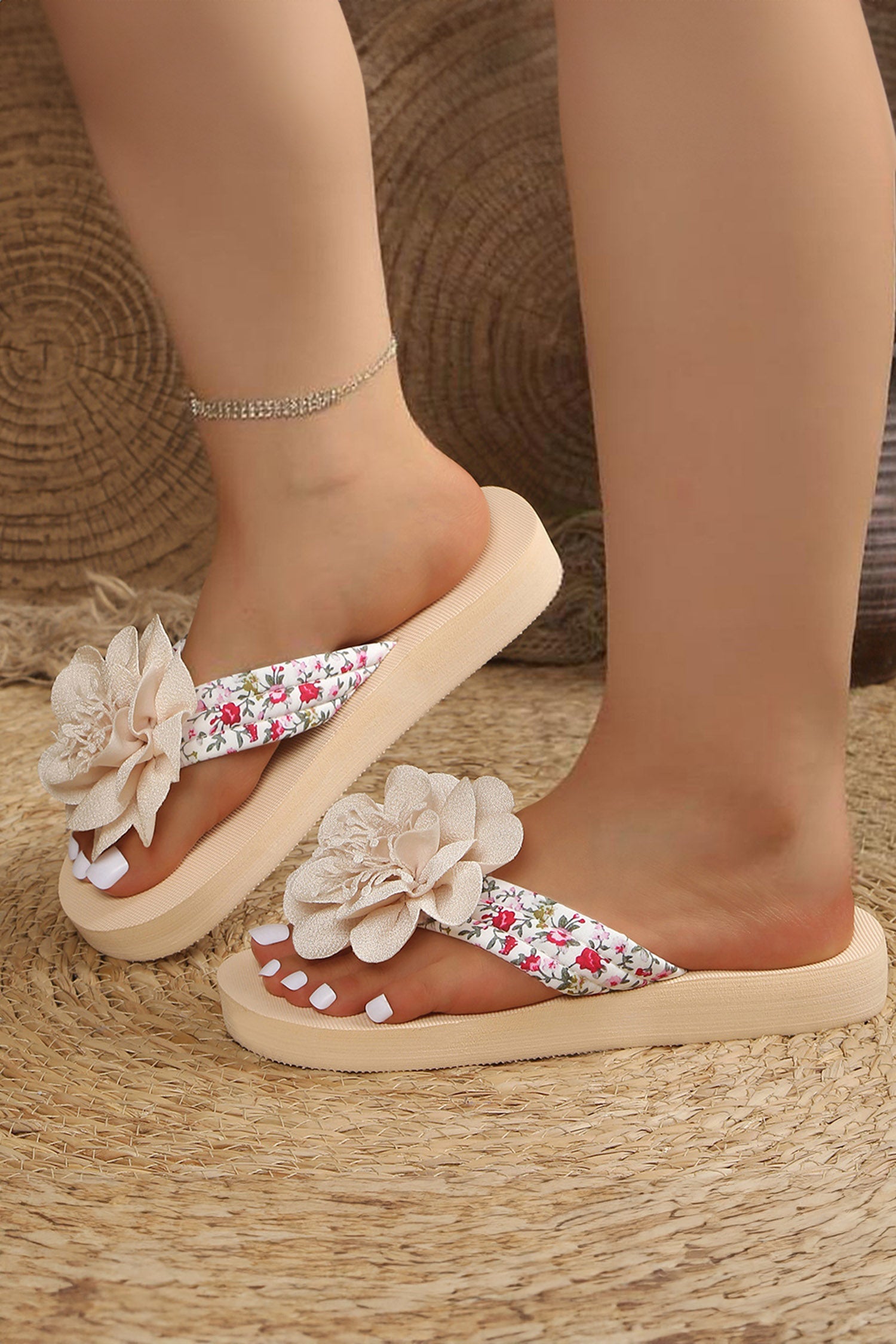 White 3D Flower Floral Straps Lightweight Platform Flip Flops