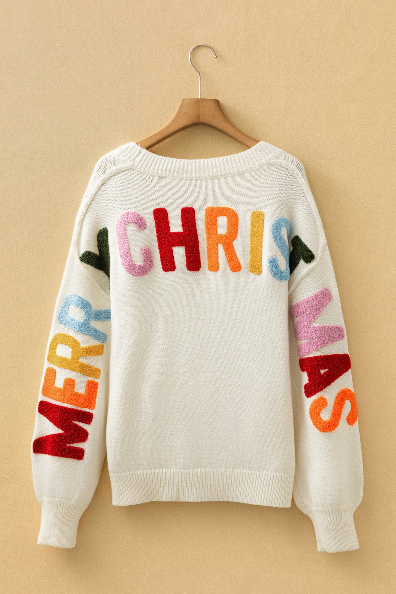 White Ho Ho Ho Slogan V Neck Button Front Embroidered Knit Cardigan