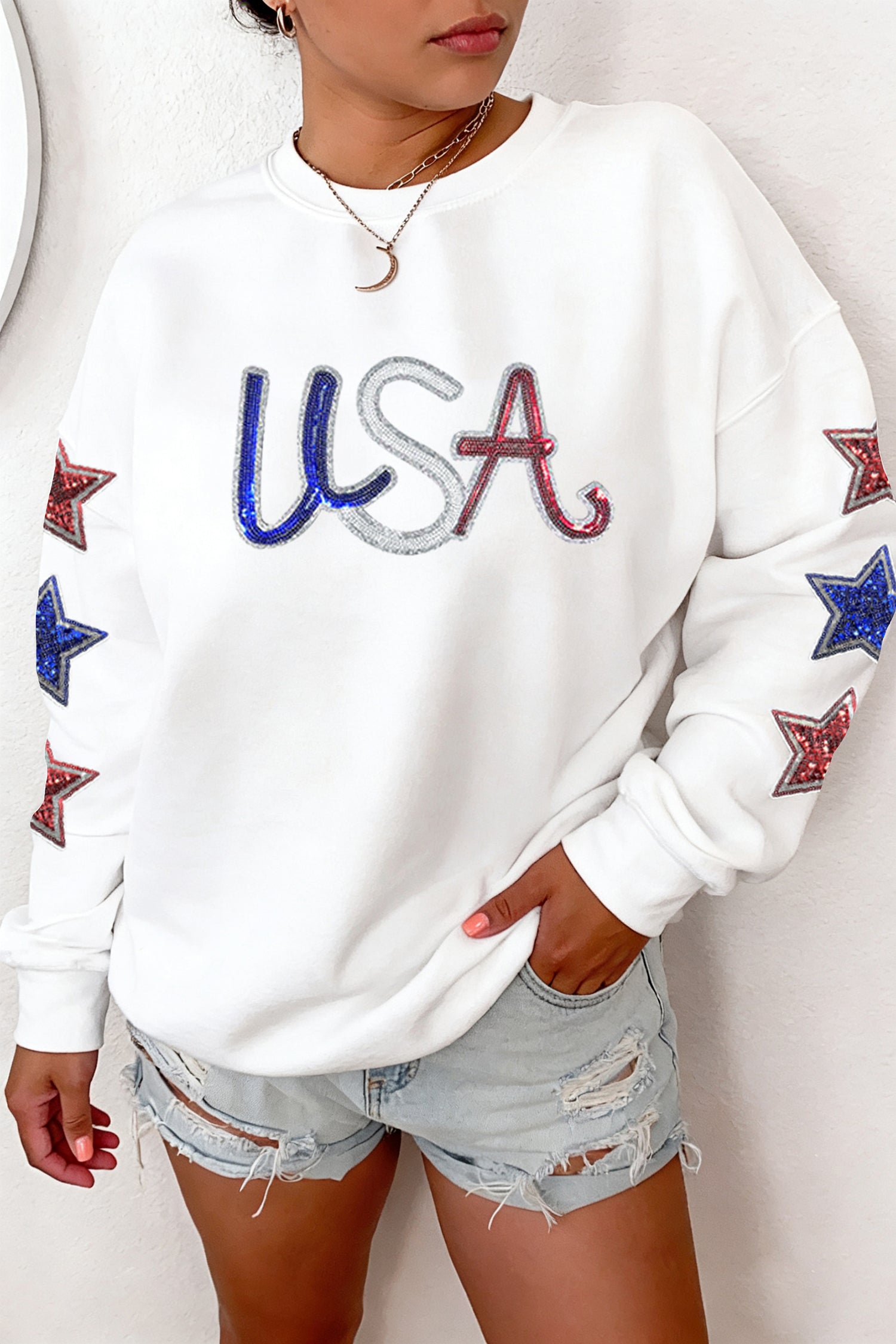White Sequin USA Star Patched Sleeve Relaxed Sweatshirt