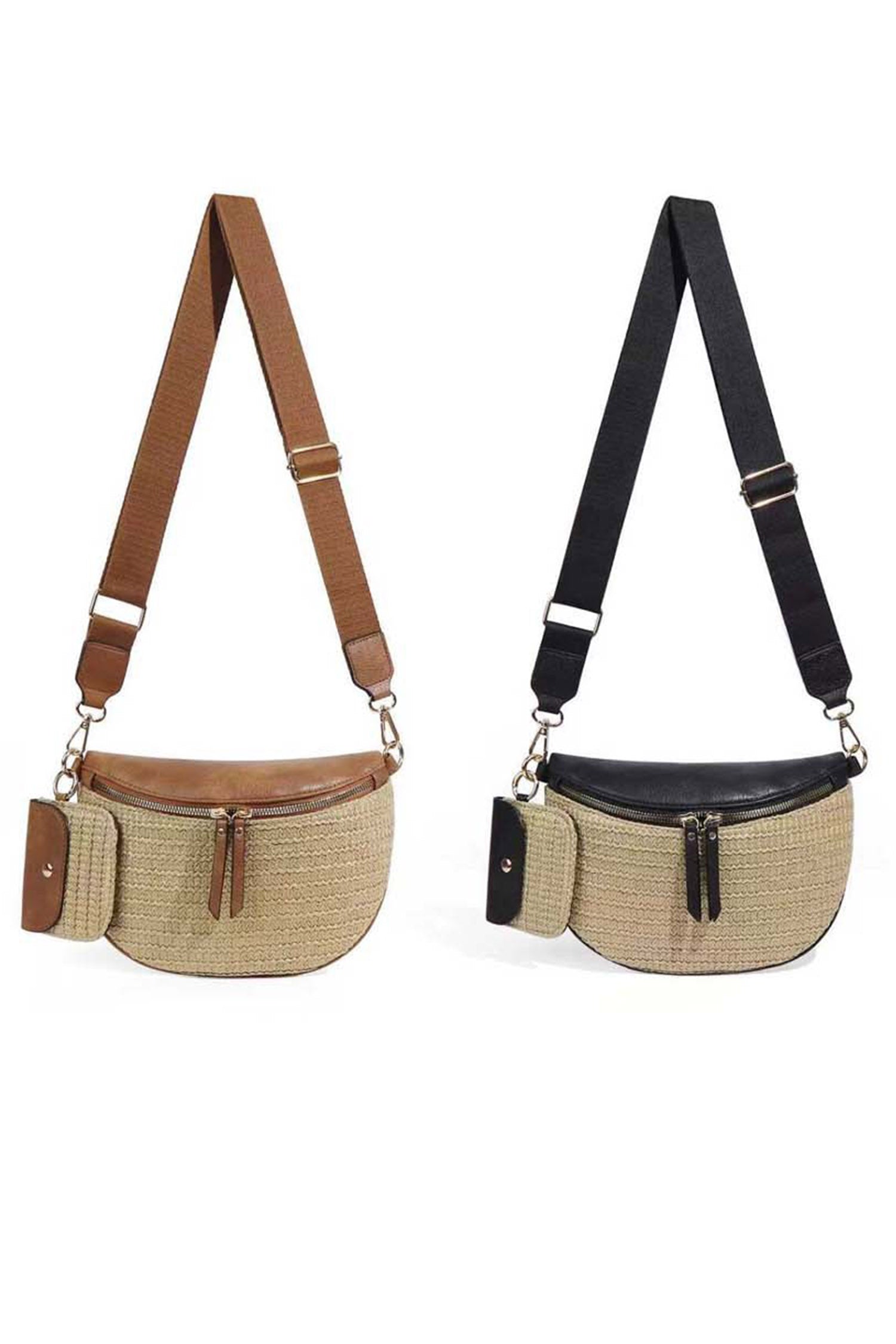 Camel PU Leather Straw Woven Patchwork Crossbody Bag with Pouch
