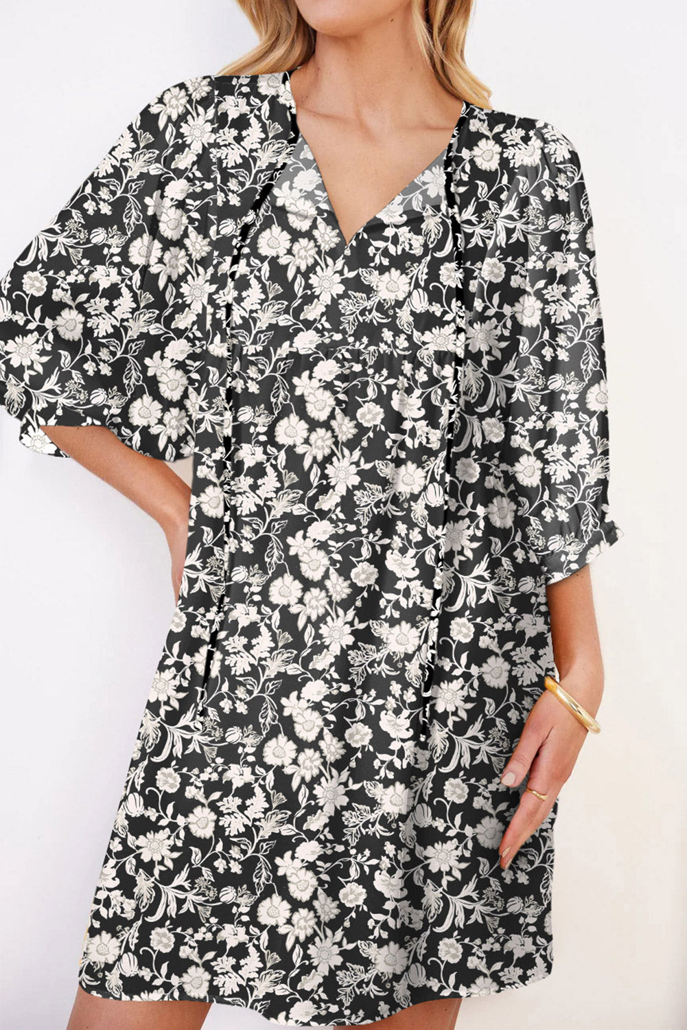Black Floral Tie V Neck Quarter Sleeve Flowy Mini Dress