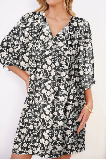 Black Floral Tie V Neck Quarter Sleeve Flowy Mini Dress