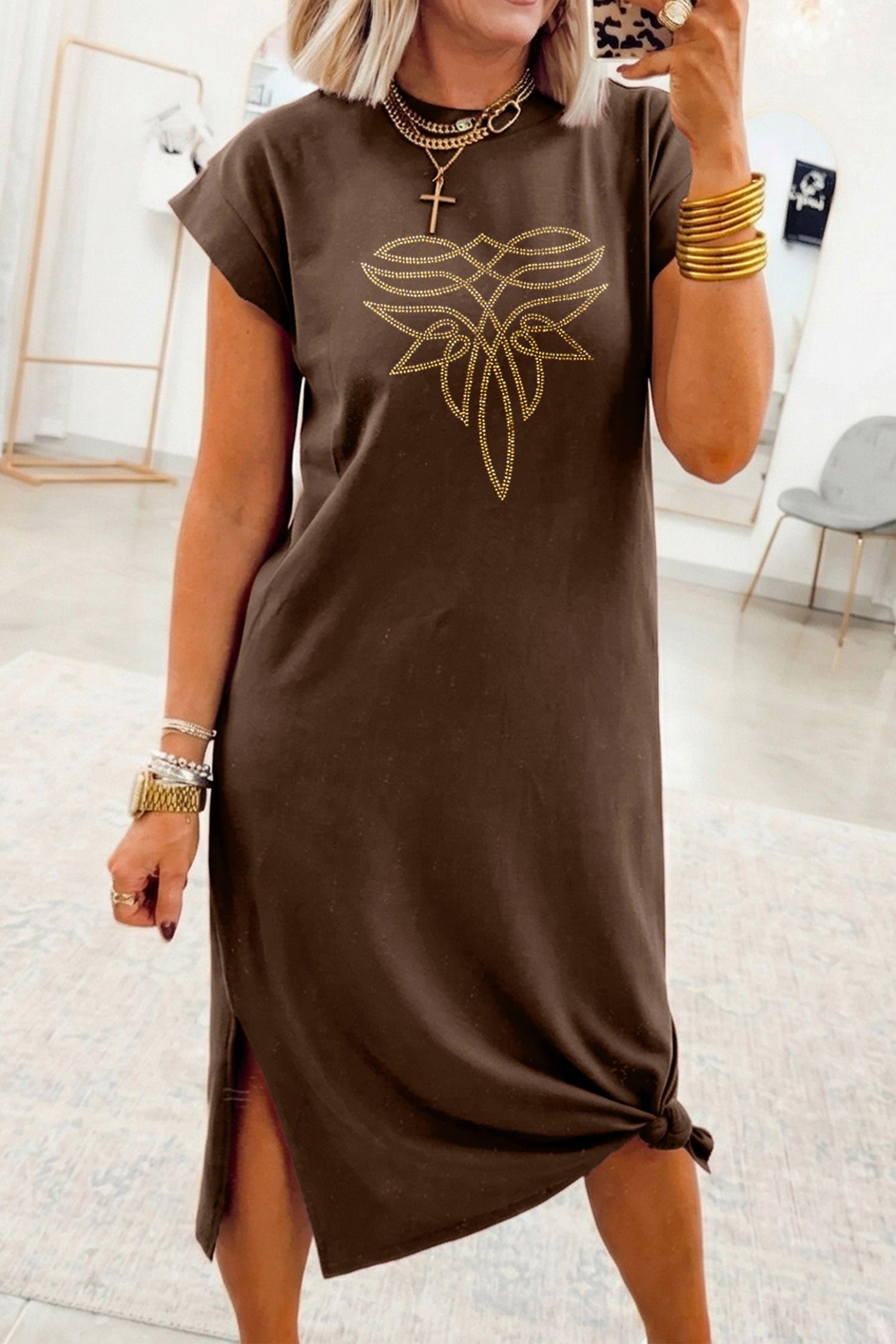 Red Sandalwood Rhinestone Western Graphic Side Slit Midi T-Shirt Dress