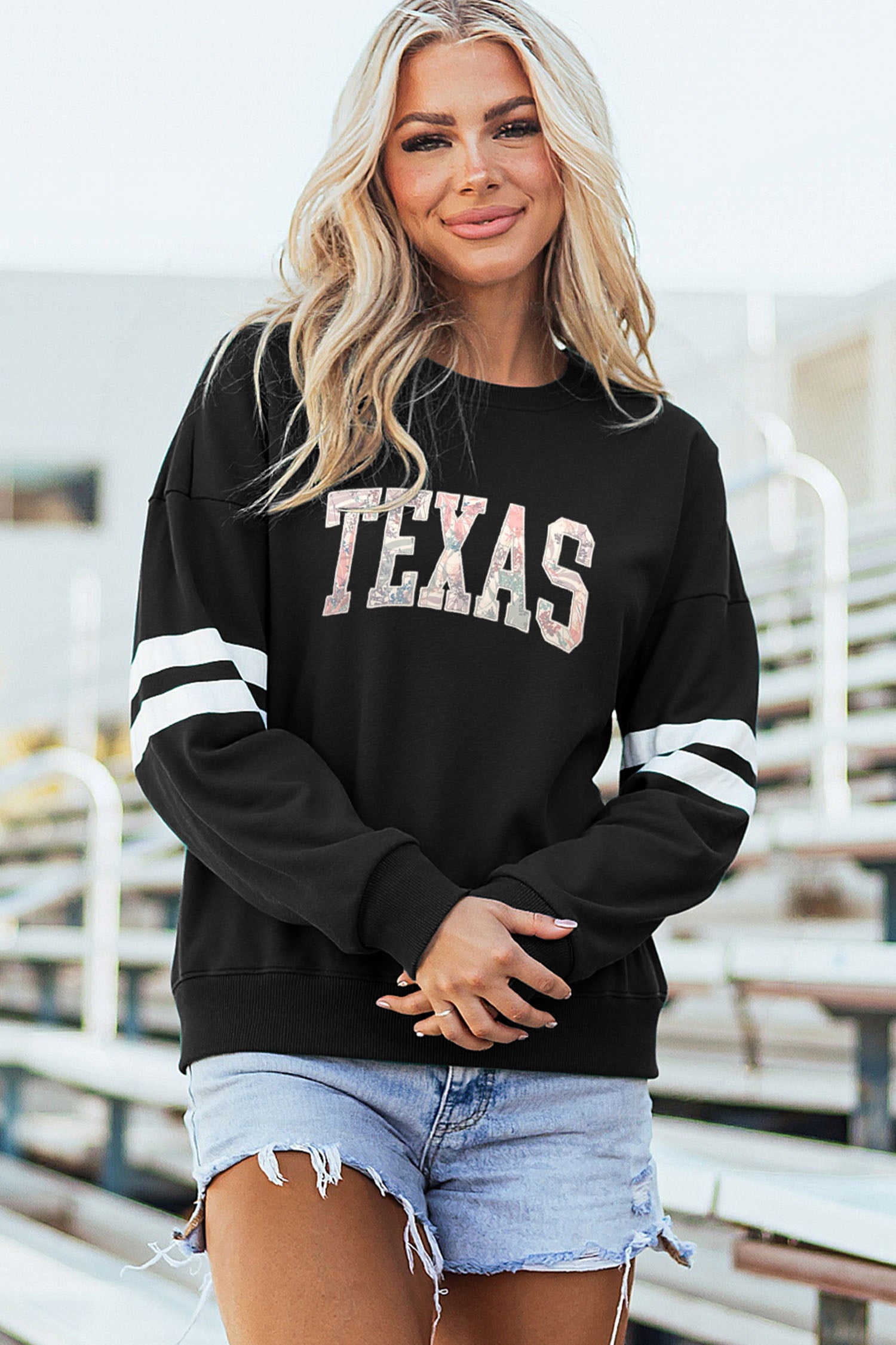Black TEXAS Embroidered Trim Patched Graphic Oversized Varsity Sweatshirt