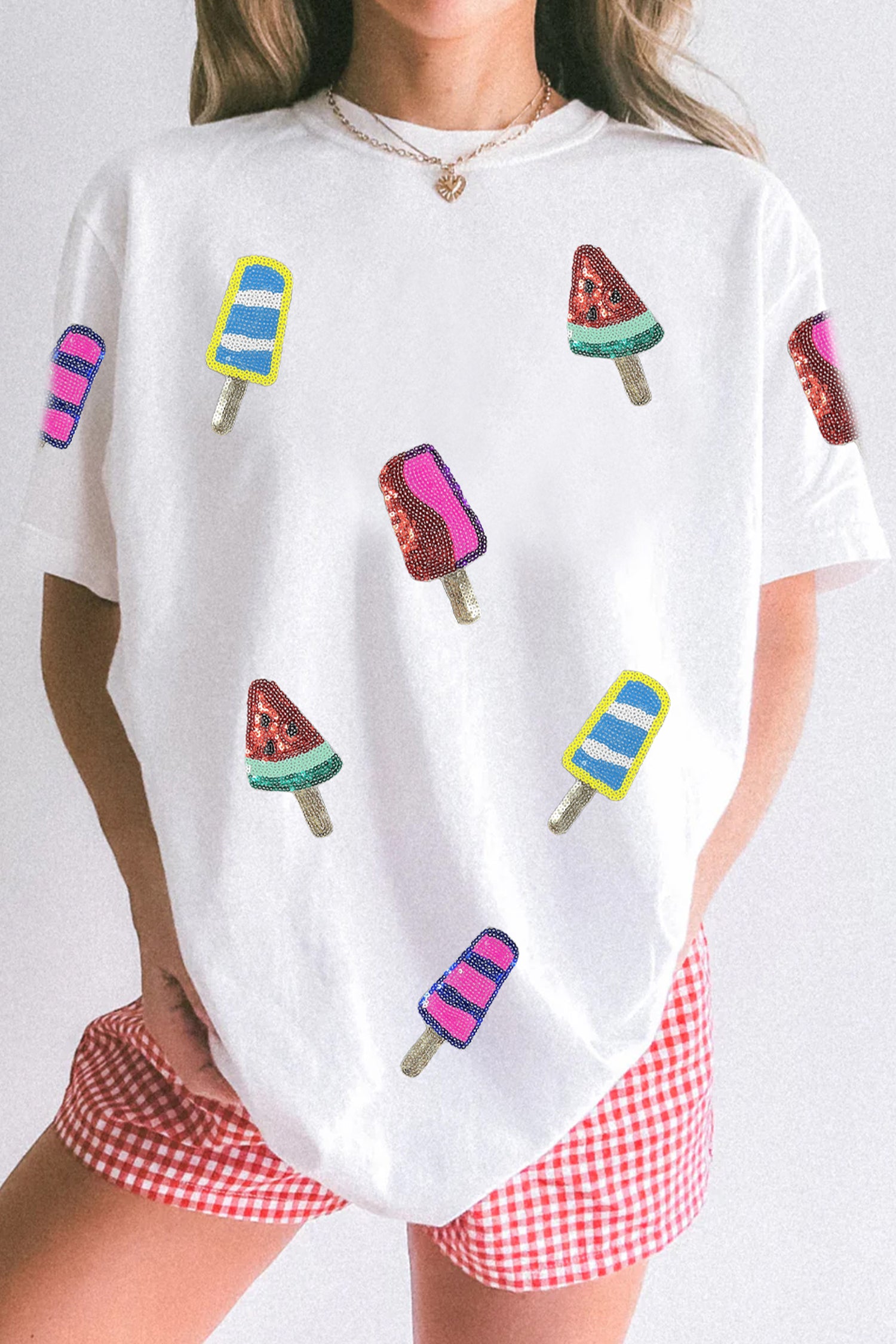 White Sequin Popsicle Graphic Casual T Shirt