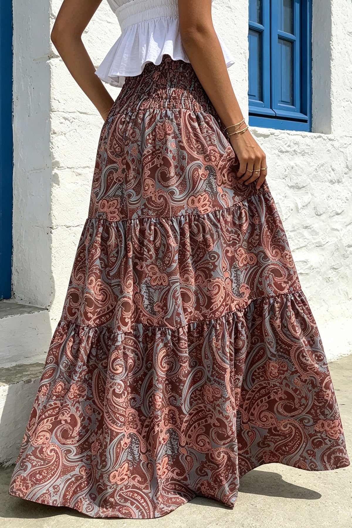 Dark Brown Boho Vintage Paisley Print Tiered Long Skirt