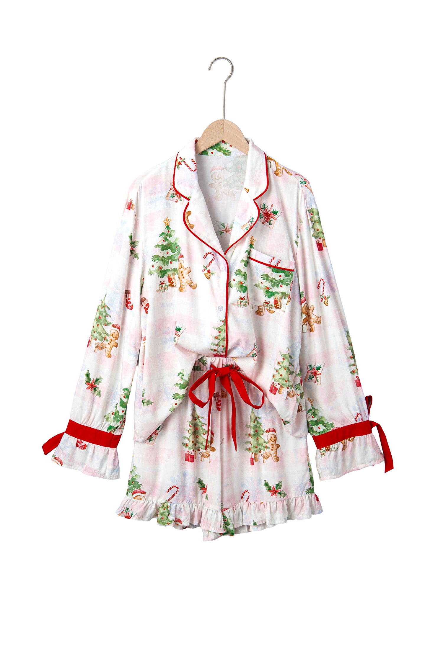 Pink Abstract Christmas Print Long Sleeve Two Piece Shift Lounge Set