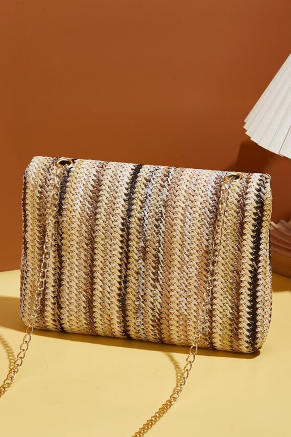 Camel Straw Plaited Gold Chain Clasp Closure Single Shoulder Bag