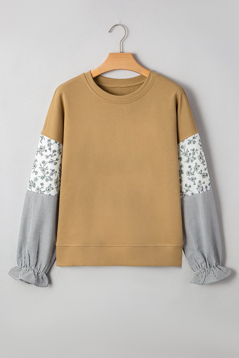 Camel Floral Striped Patchwork Ruffled Sleeve Crew Neck Sweatshirt