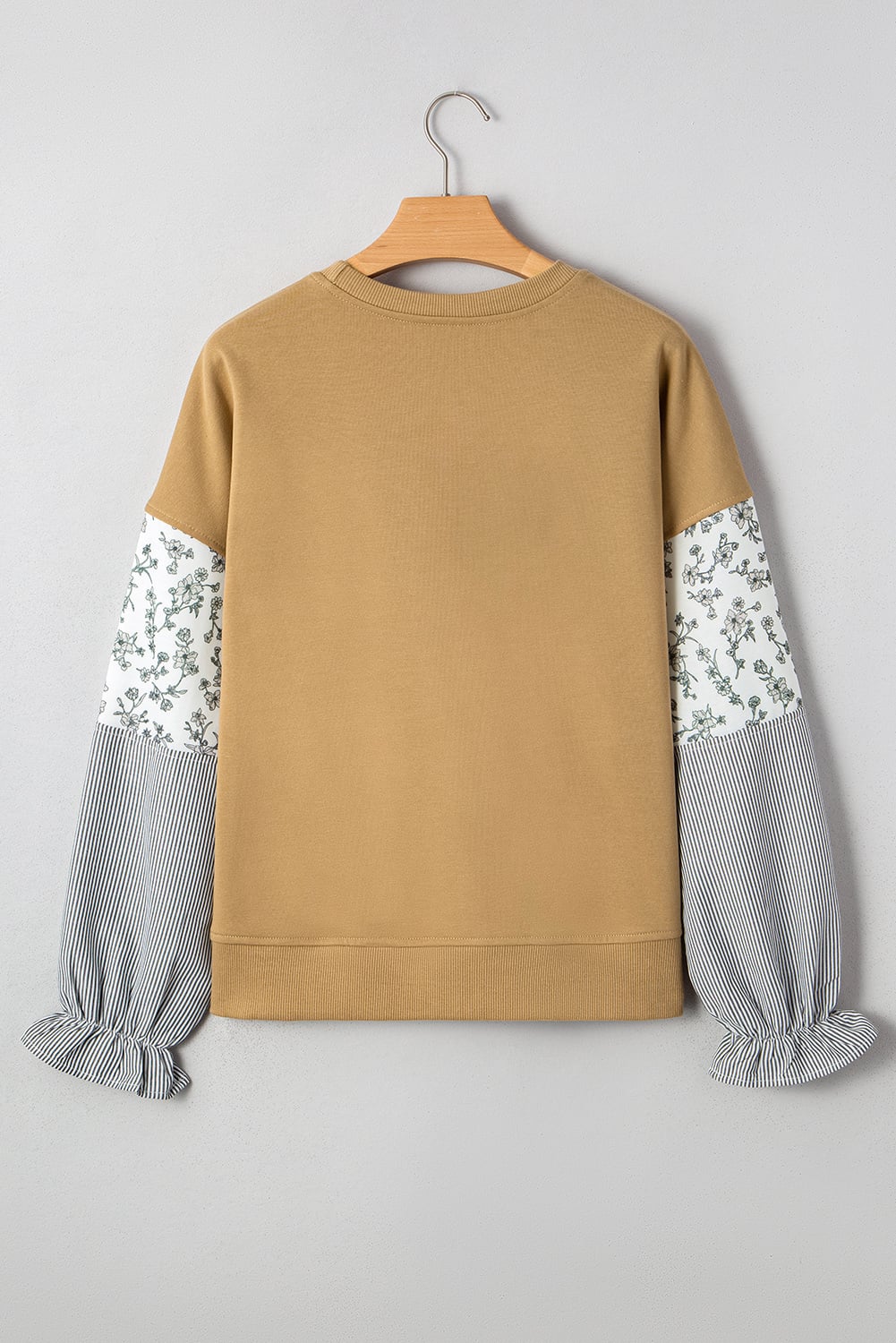 Camel Floral Striped Patchwork Ruffled Sleeve Crew Neck Sweatshirt