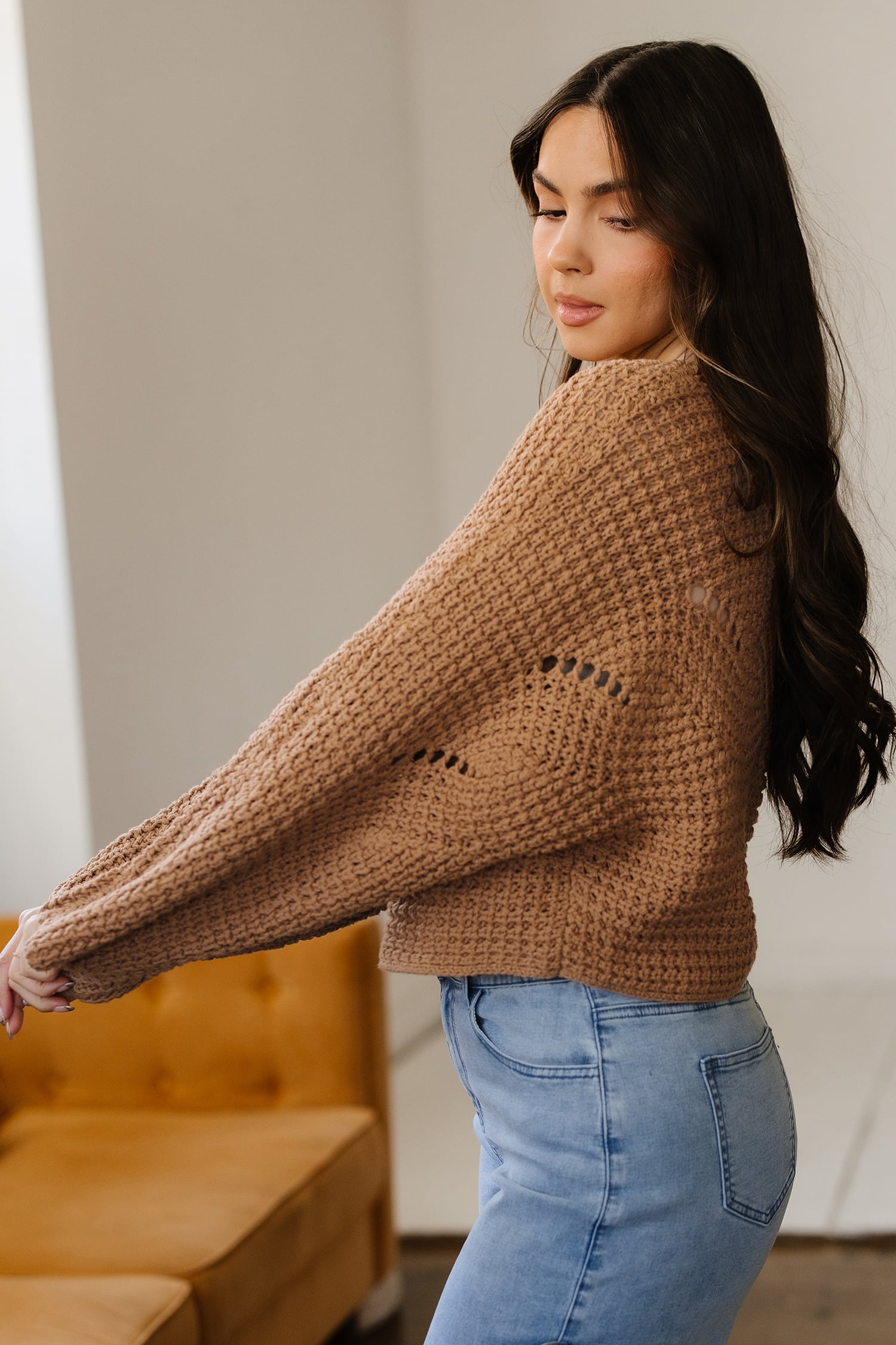 Camel Hollowed Detail Wide Sleeve Loose Pullover Sweater