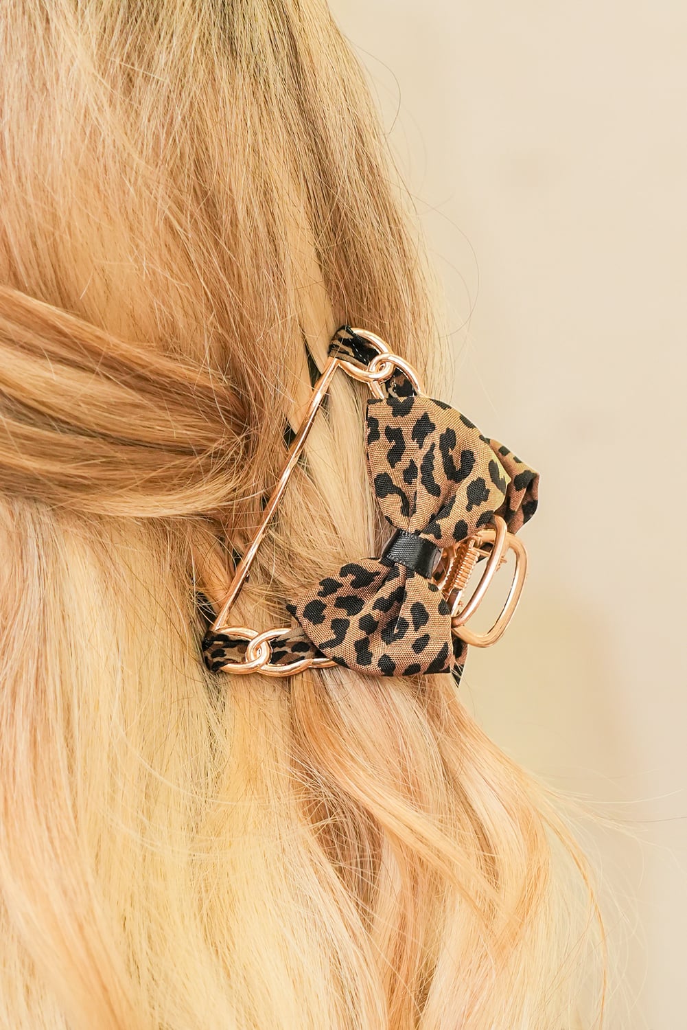 Camel Leopard Print Bow Decor Alloy Hair Claw Clip
