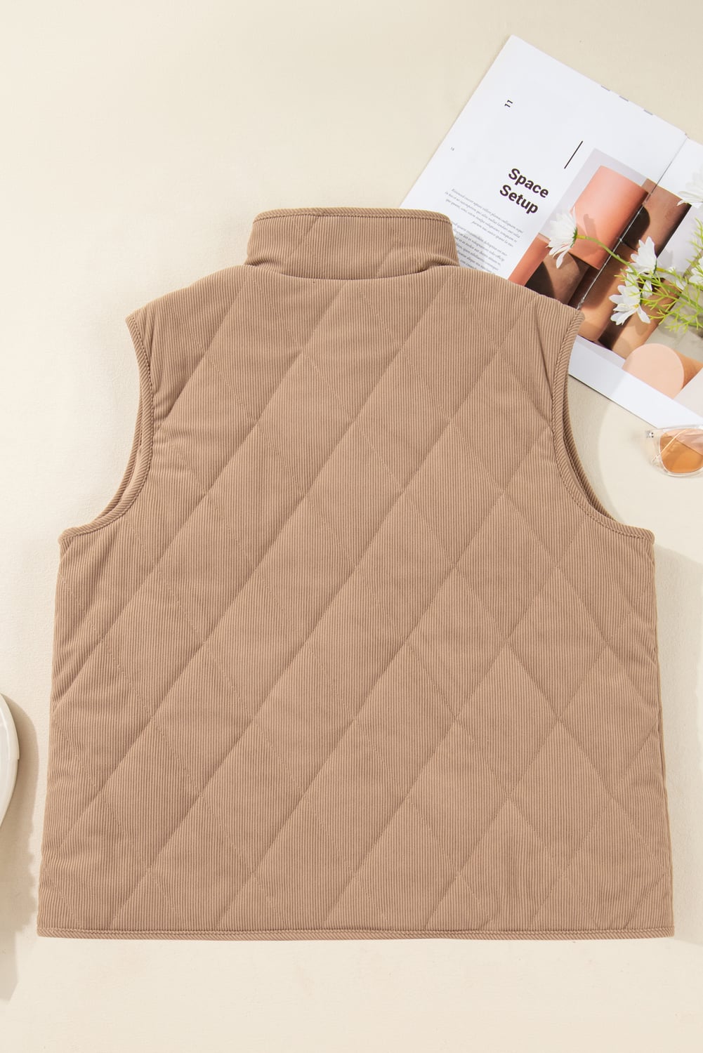 Camel Plus Size Quilted Cord Snap Button Vest Jacket
