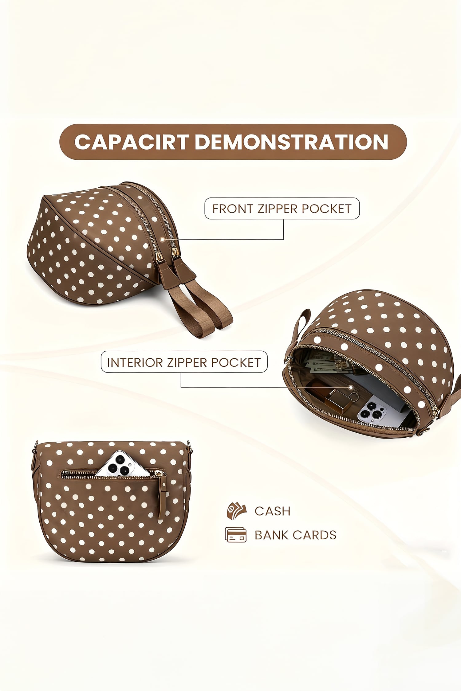 Camel Abstract/ Camouflage/ Polka Dot/ Leopard Print Double Zip Fashion Crossbody Bag