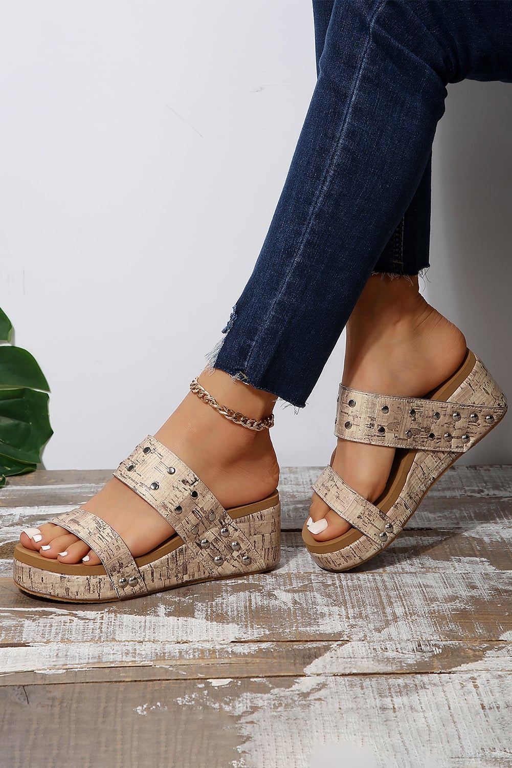 Camel Rivet Double Straps Wedge Slippers