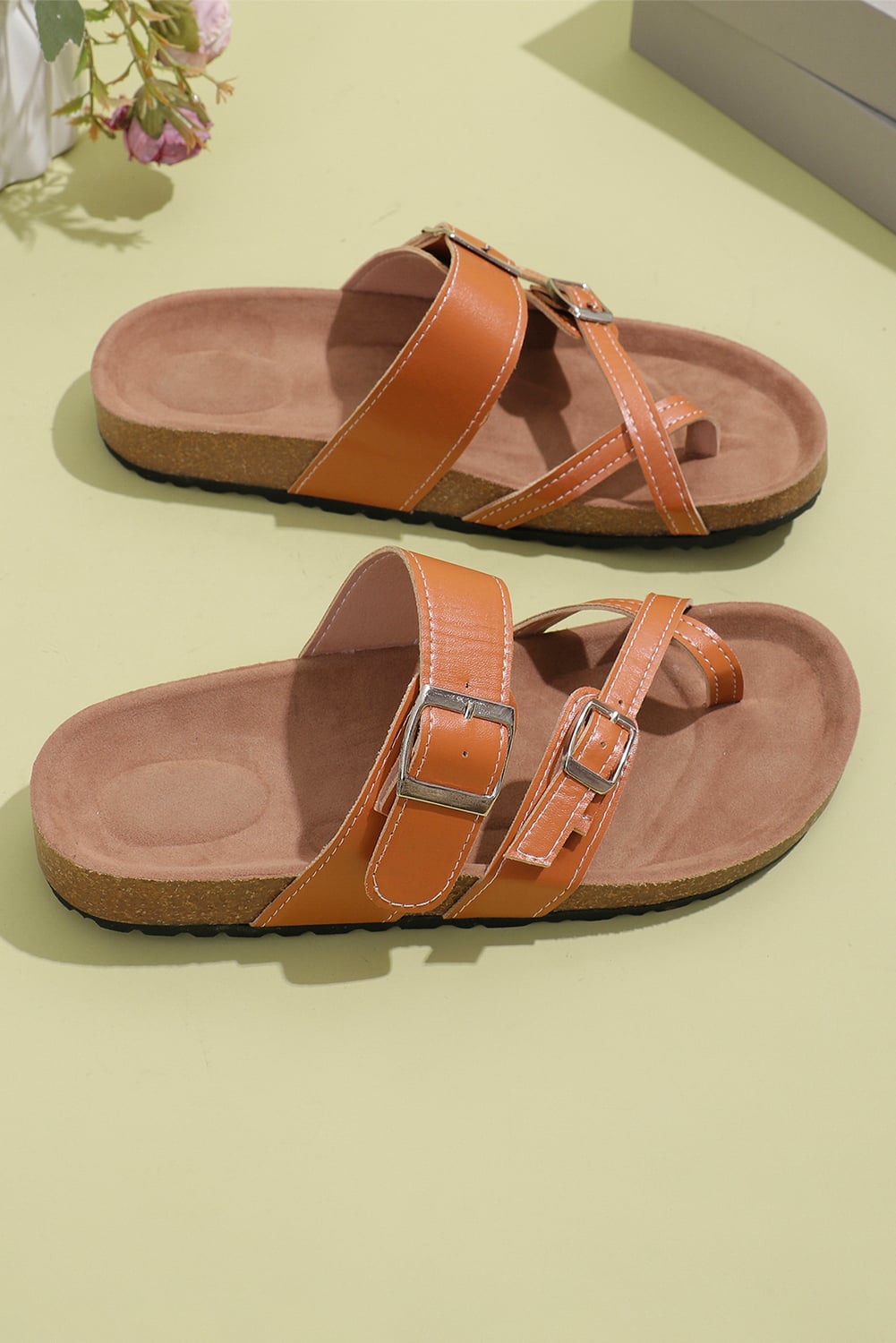 Camel Suede Adjustable Strap Toe Ring Outdoor Slippers