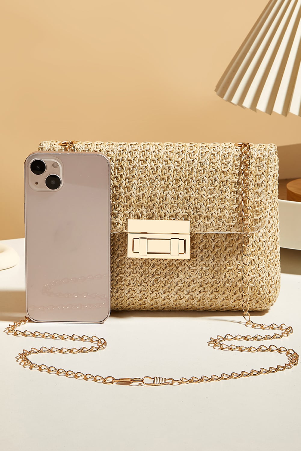 Camel Woven Chain Strap Flap Shoulder Bag