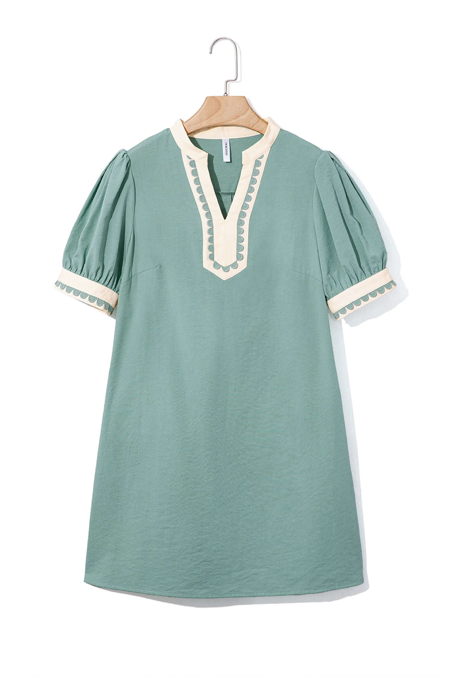 Canton Scallop Color Block Trim Puff Sleeve Mini Dress
