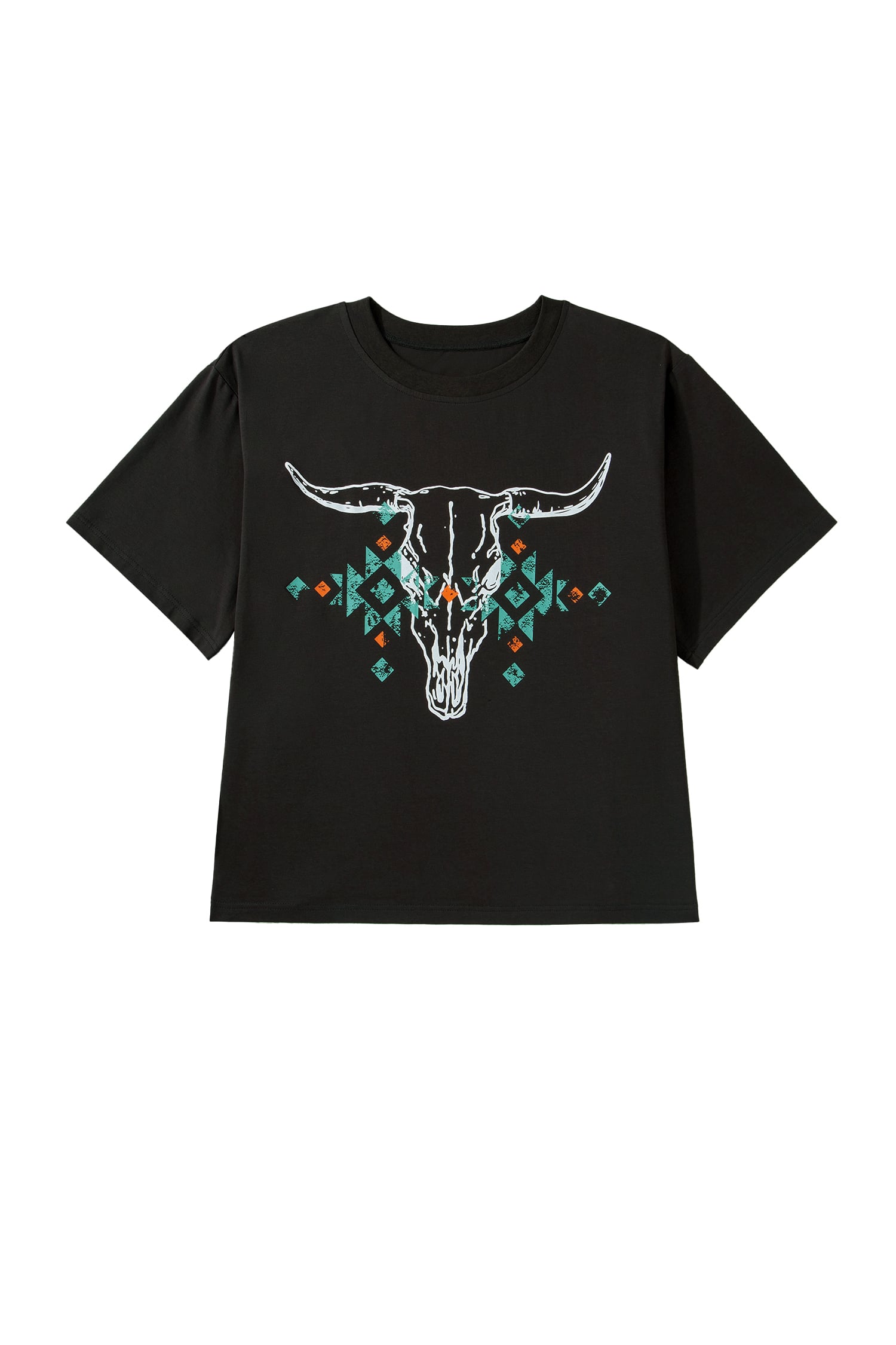 Carbon Grey Plus Size Western Aztec Bull Skull Printed T Shirt