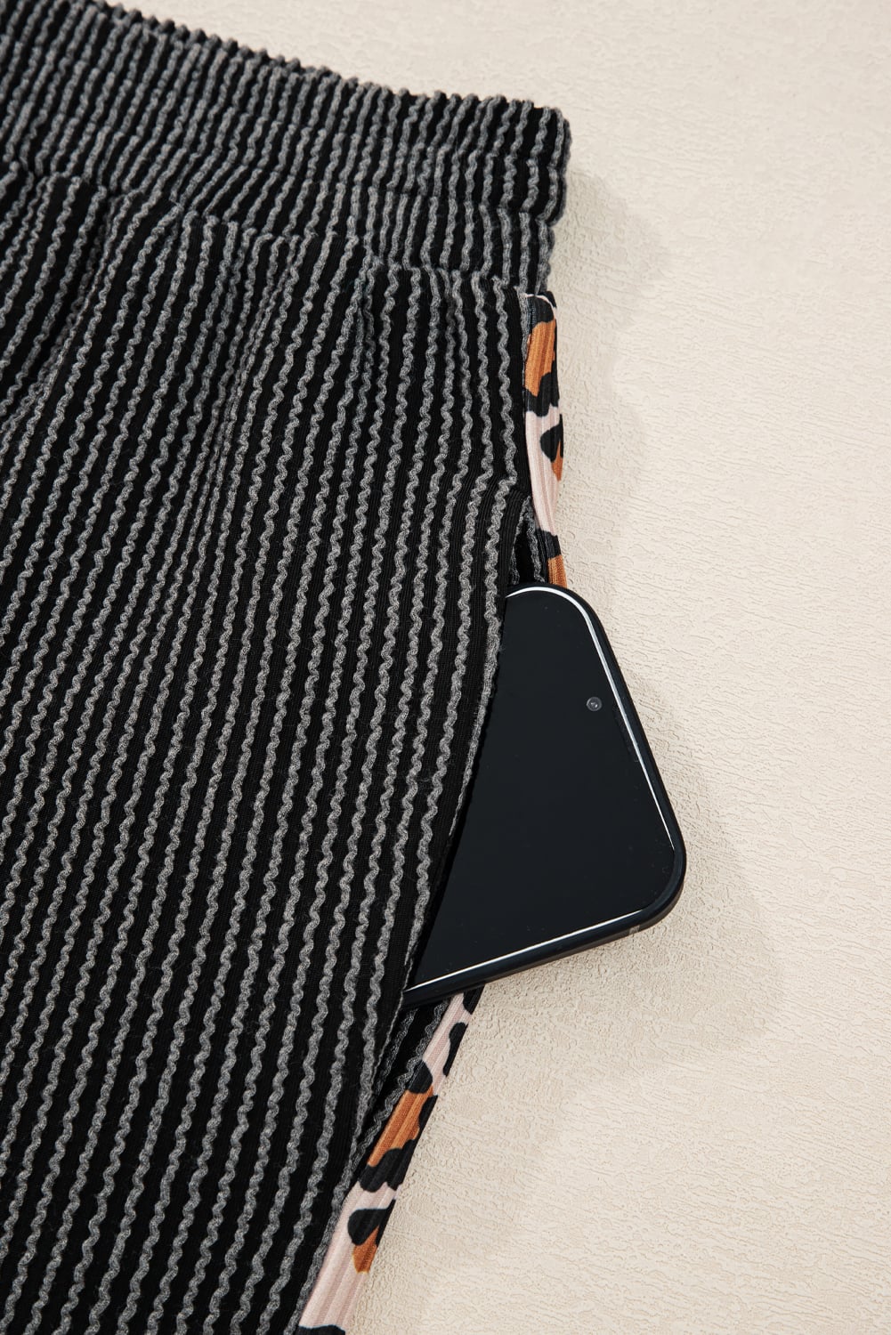 Carbon Grey Twisted Rib Texture Leopard Patchwork Detail 2pcs Pant Set