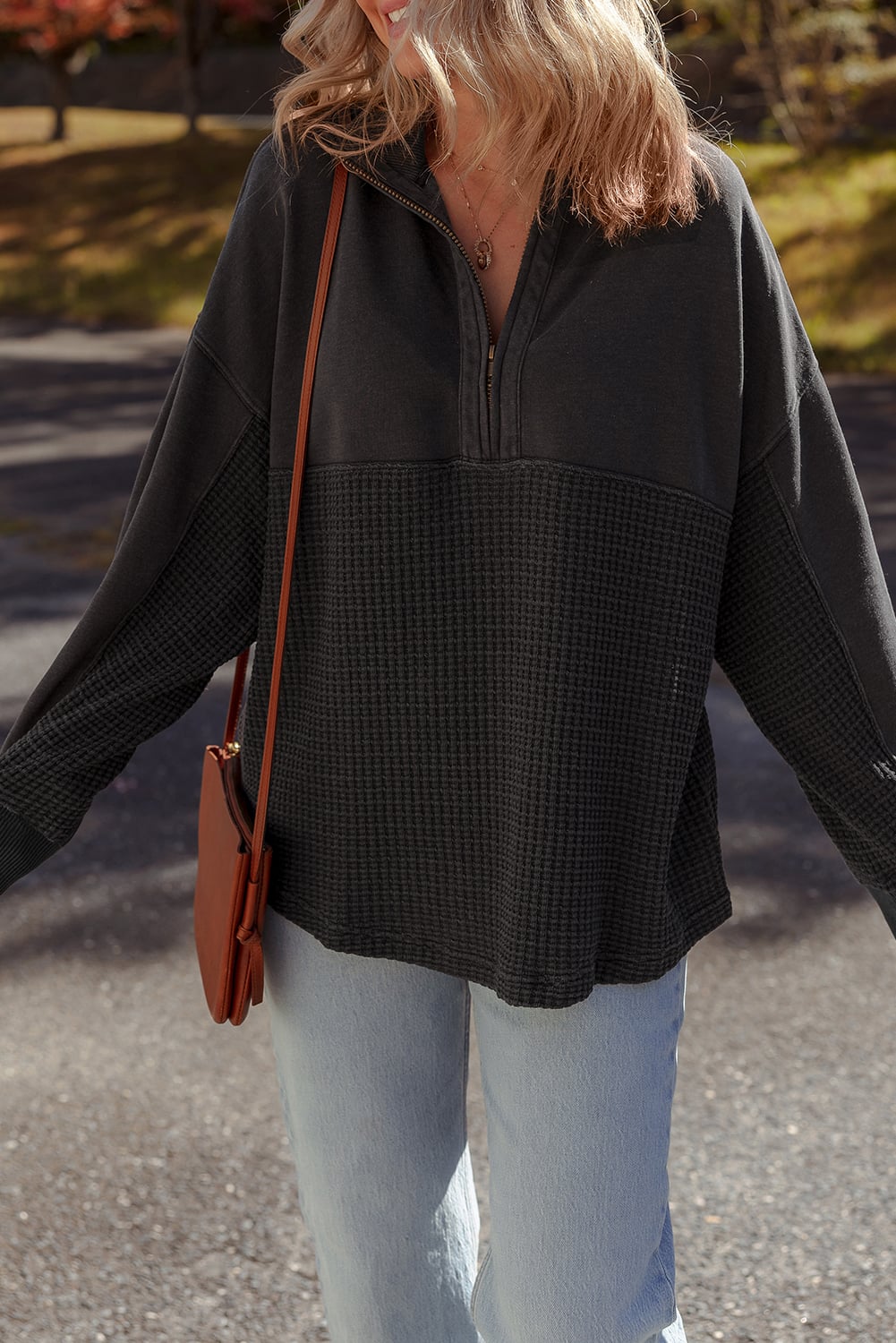 Carbon Grey Waffle Knit Patchwork Half Zipped Casual Sweatshirt