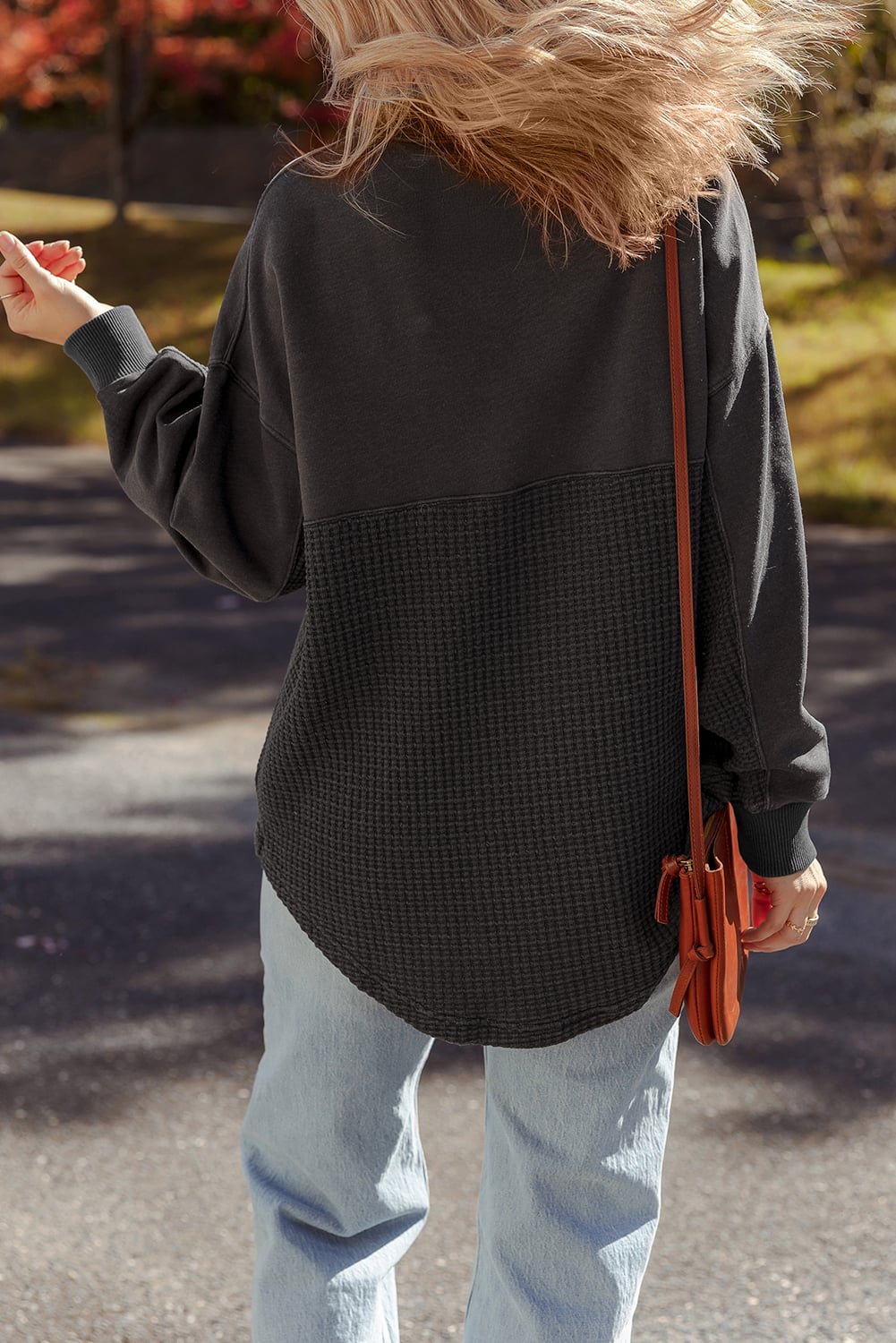 Carbon Grey Waffle Knit Patchwork Half Zipped Casual Sweatshirt