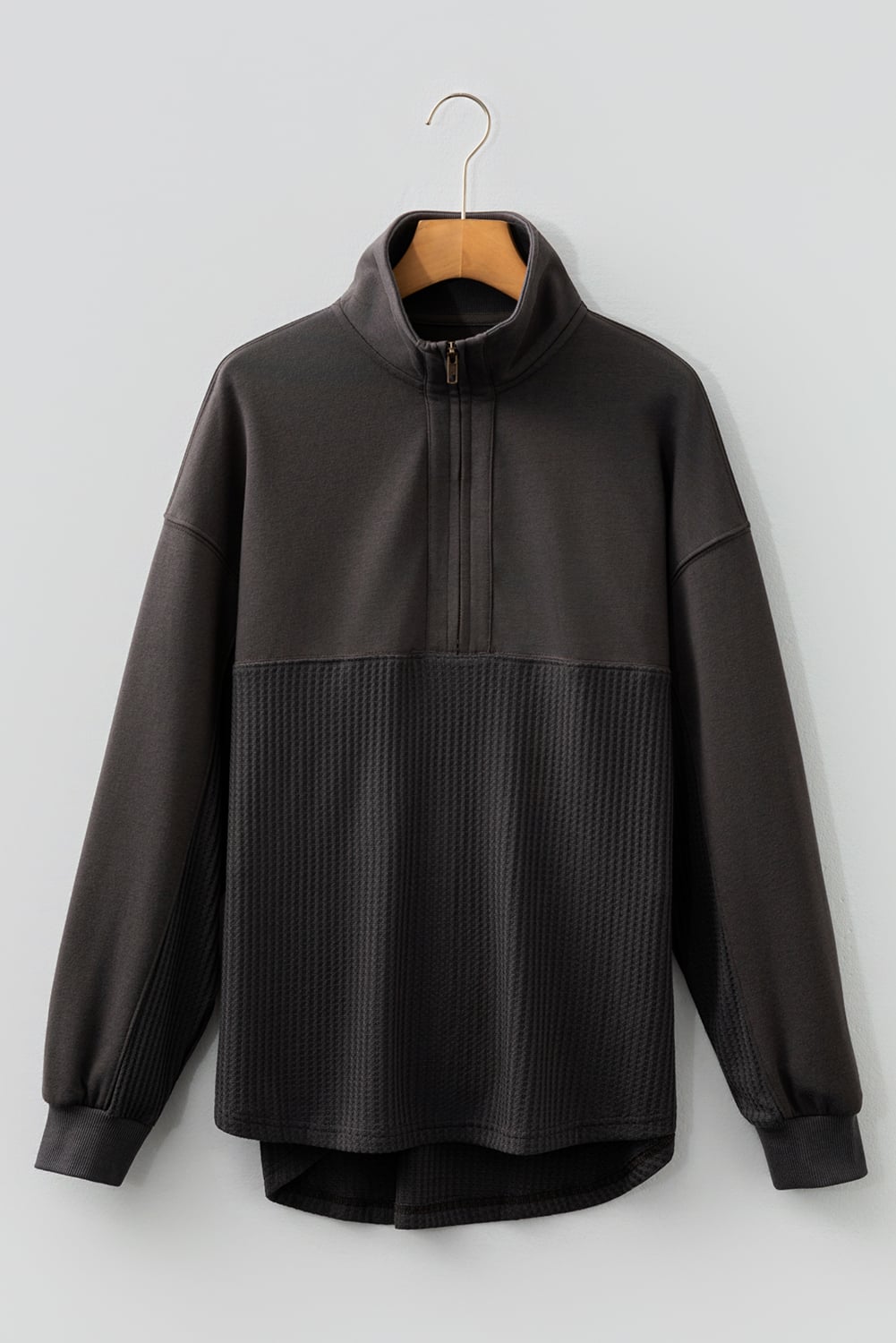 Carbon Grey Waffle Knit Patchwork Half Zipped Casual Sweatshirt