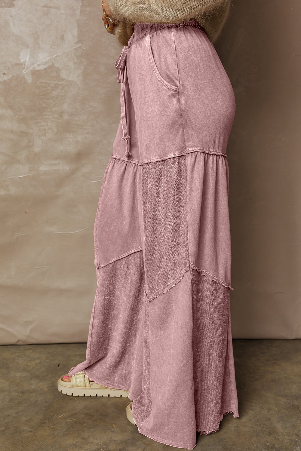 Careys Mineral Wash Tiered Wide Leg Patchwork Drawstring Pants
