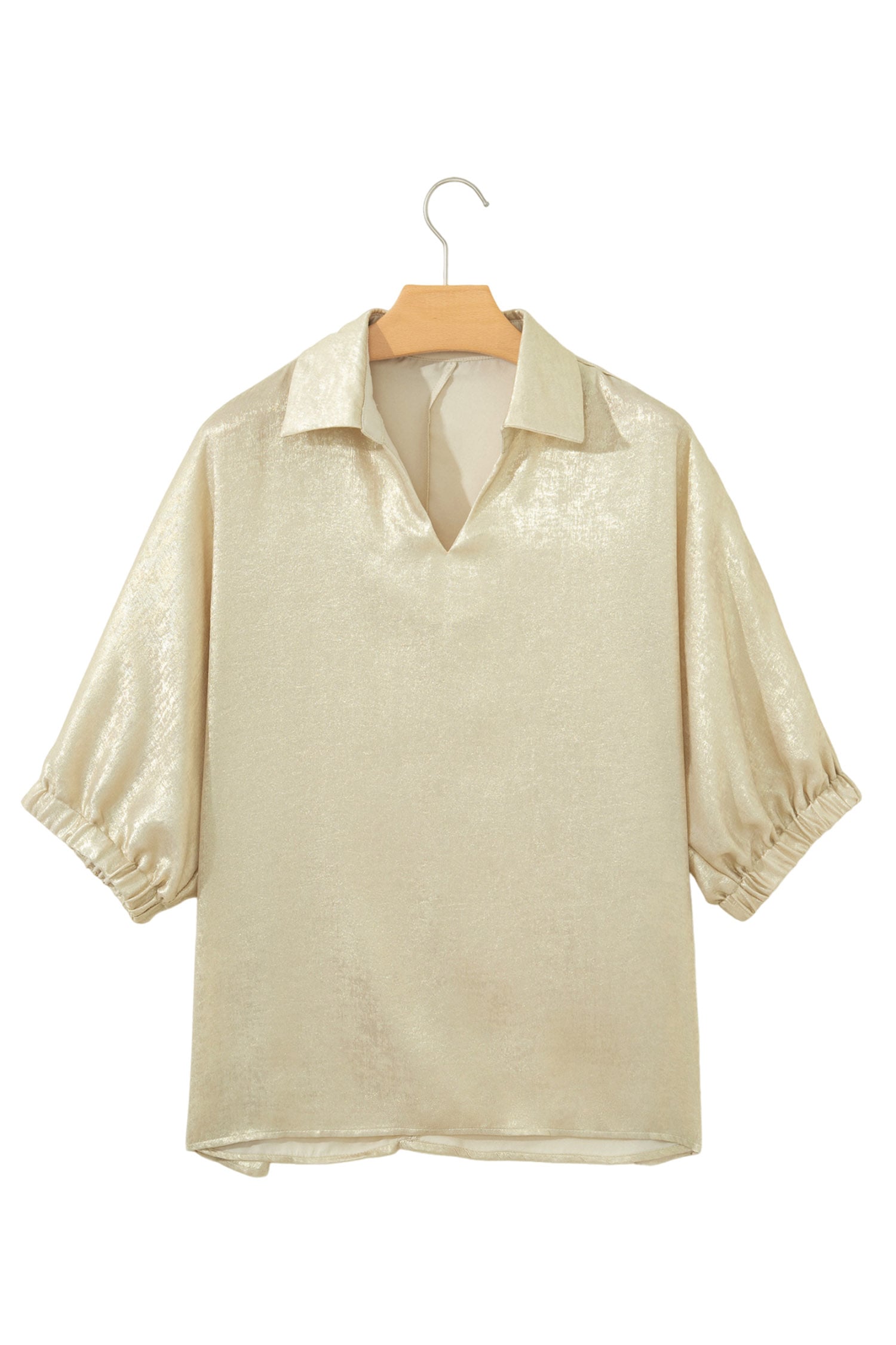 Casual Collared V Neck Half Sleeve Metallic Top