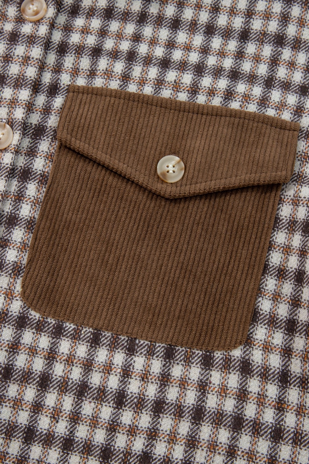 Casual Contrast Corduroy Flap Pocket Patchwork Plaid Shacket