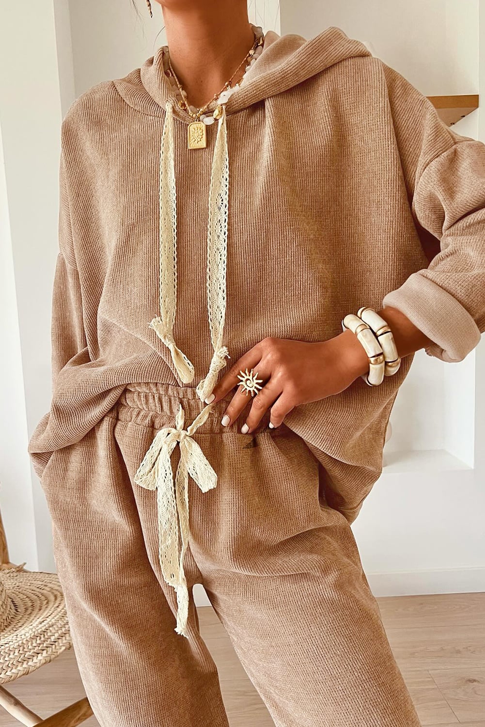 Casual Lace Drawstring Pullover Hoodie and High Waist Pants Corduroy Suit