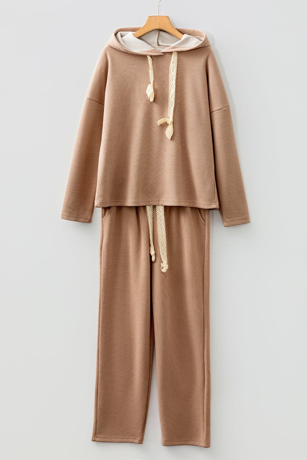 Casual Lace Drawstring Pullover Hoodie and High Waist Pants Corduroy Suit