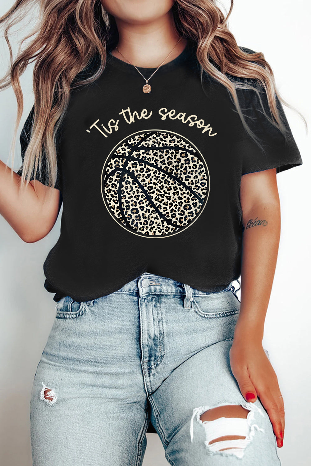 Black Leopard Basketball Printed Crew Neck Tee