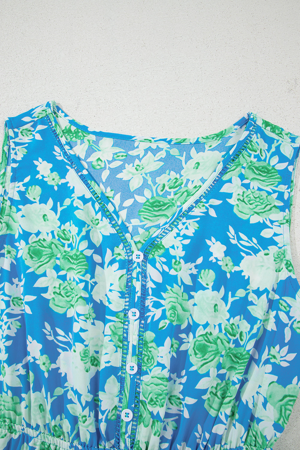 Sky Blue Floral Print Trimmed V Neck Tie Waist Sleeveless Holiday Long Dress