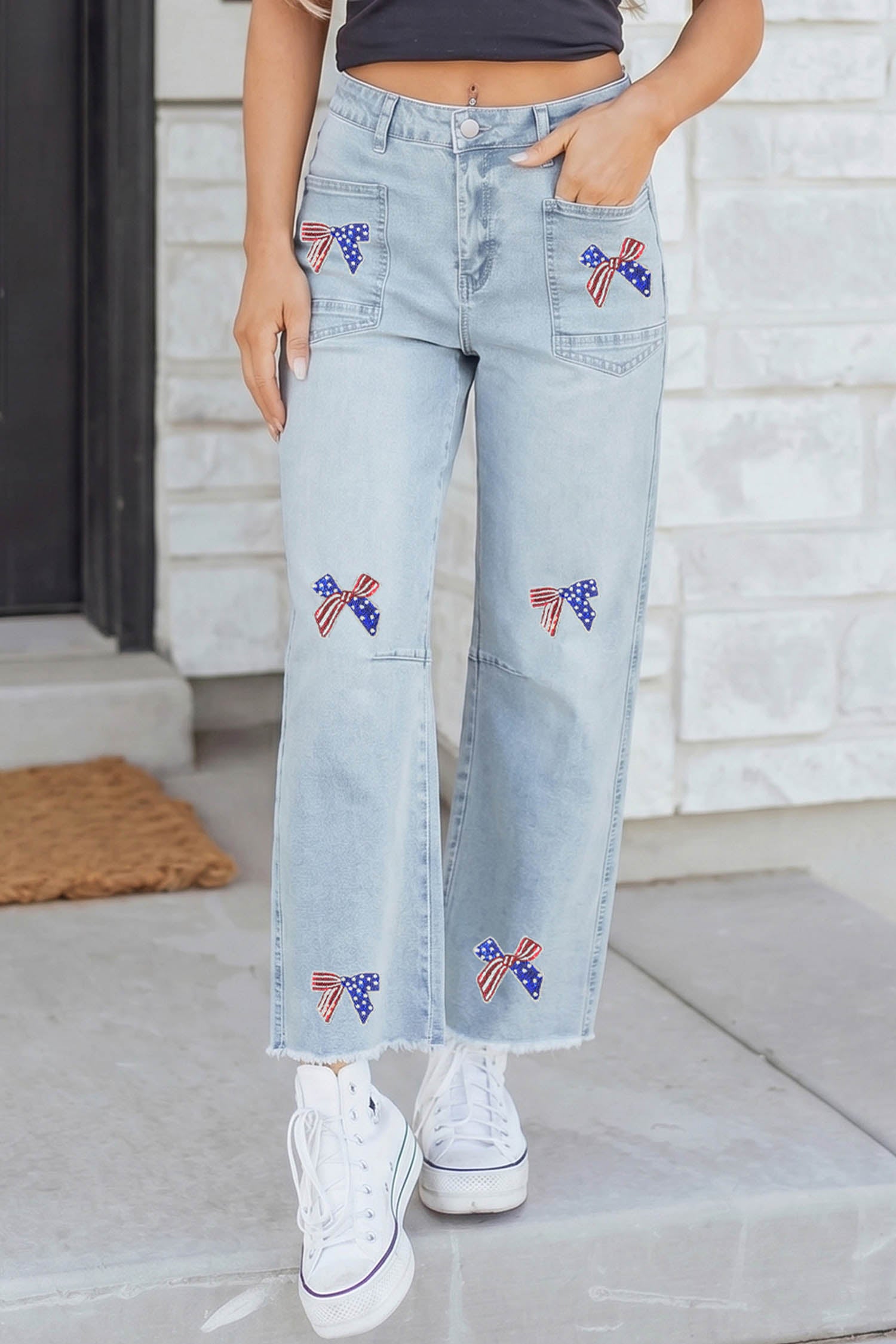 Beau Blue Patriotic Sequin Bow Patched Ankle-Length Shift Jeans