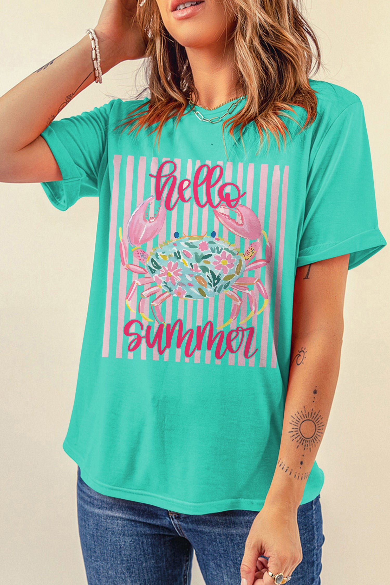 Mint Green Hello Summer Crab Print Loose Fit Short Sleeve T-Shirt