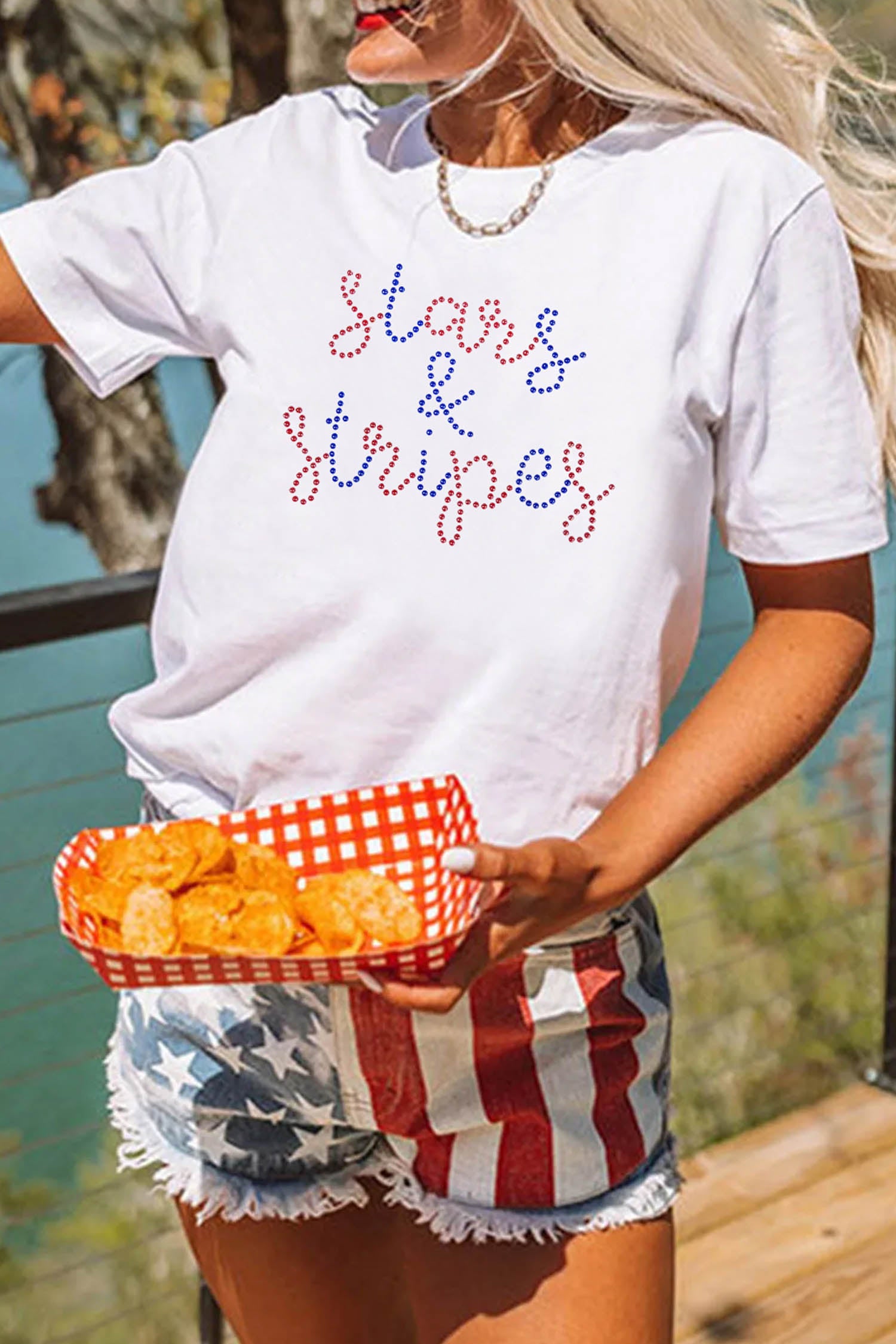 White Rhinestone Stars & Stripes Patriotic Slogan T Shirt