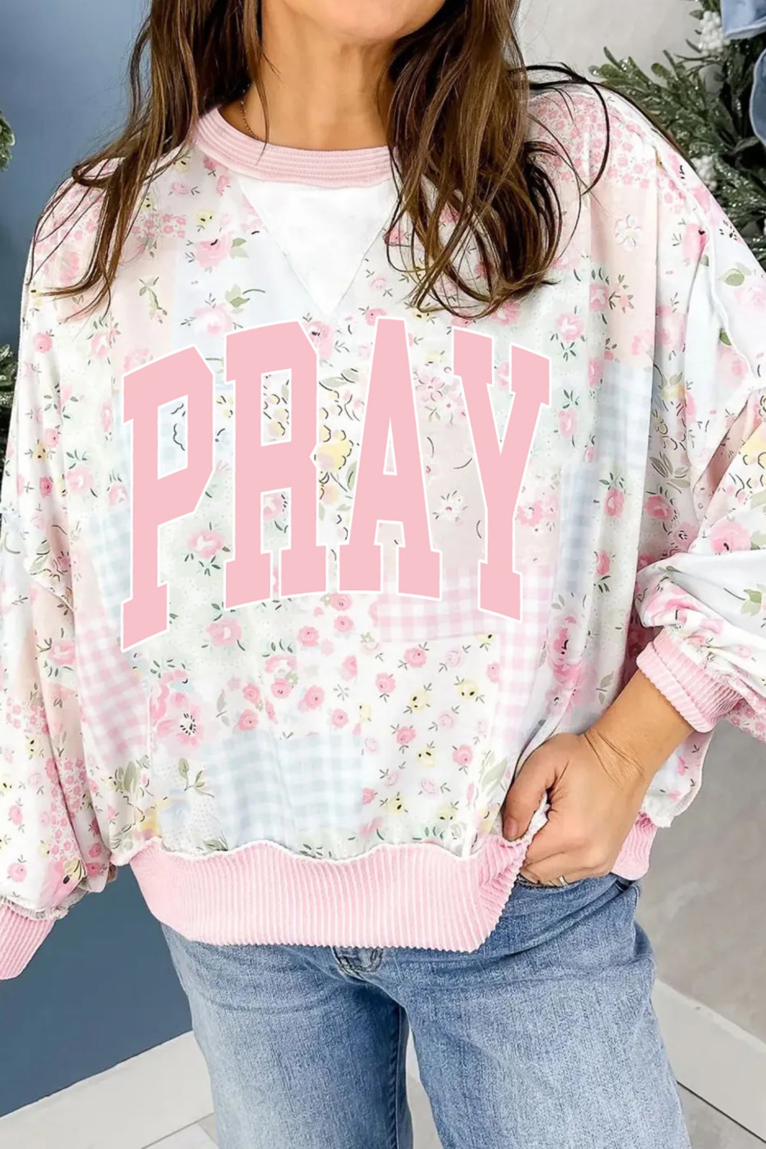 Pink PRAY Graphic Floral Mixed Print Patchwork Knit Top