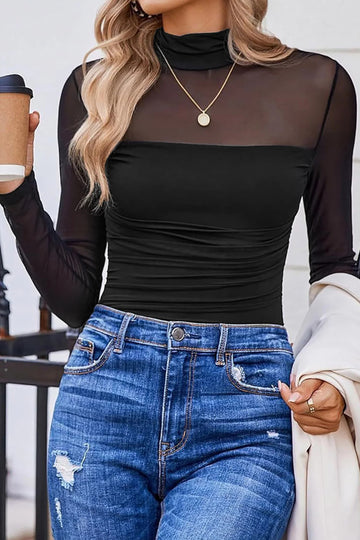 Black Sheer Mesh Patchwork High Neck Long Sleeve Top