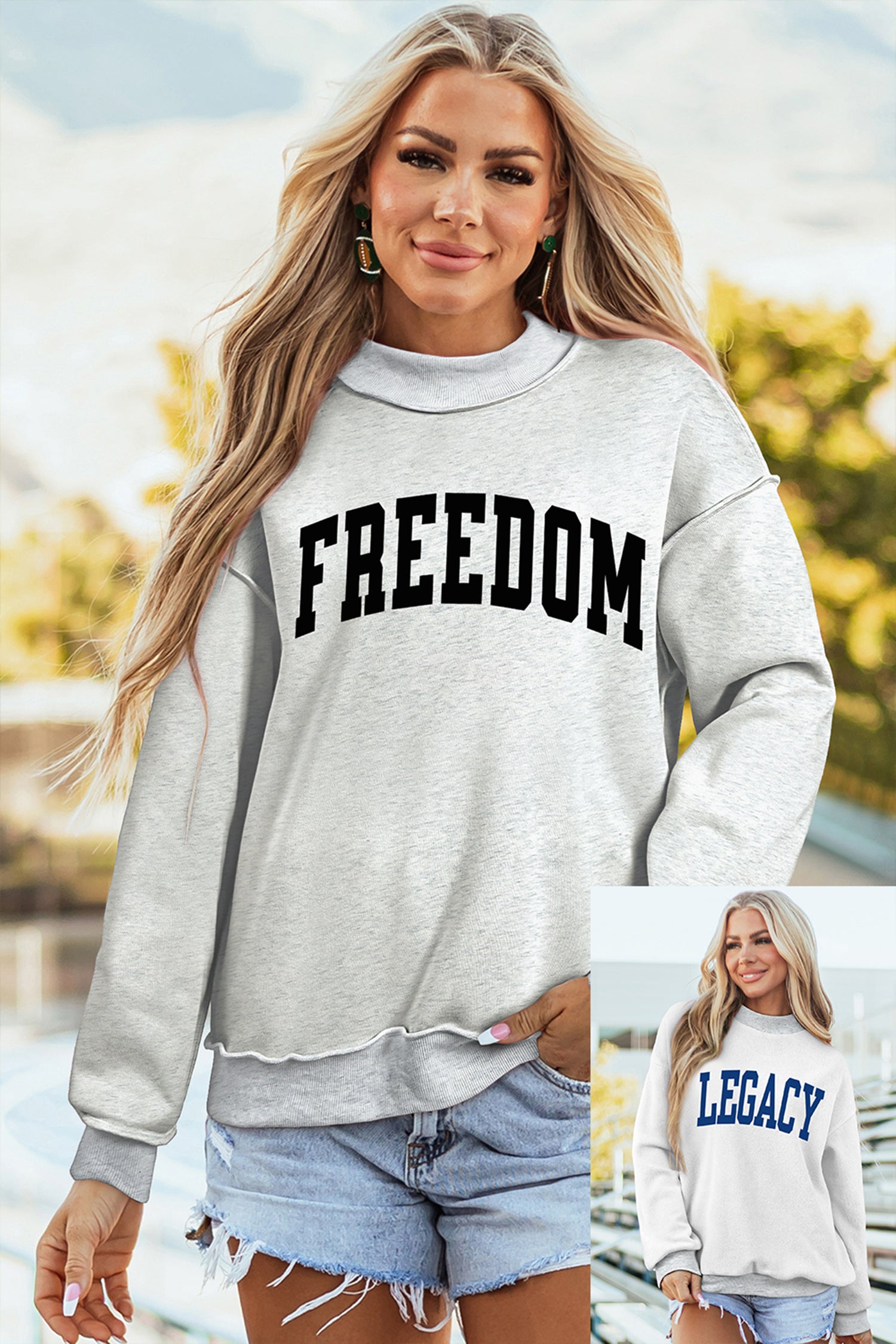 Light Grey FREEDOM/ LEGACY Double Side Printed Reversible Mock Neck Sweatshirt