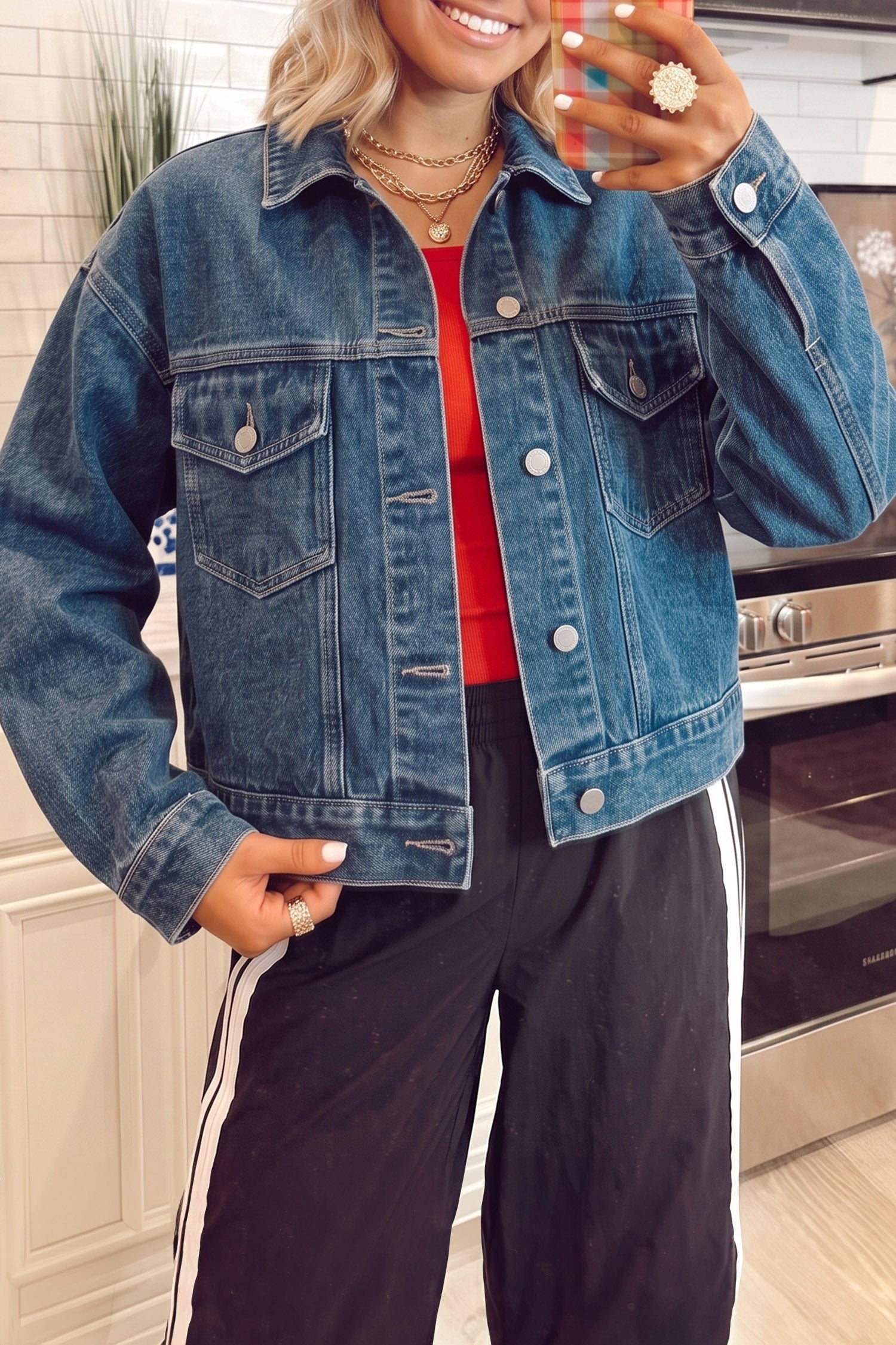 Navy Blue Vintage Button Flap Pocket Casual Denim Jacket
