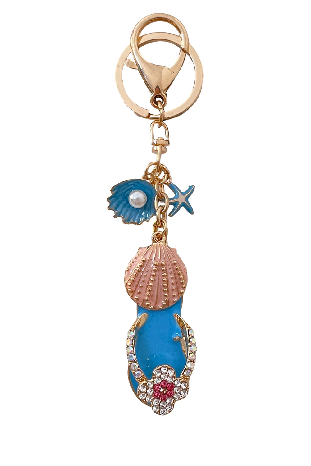 Light Blue Rhinestone Pearl Decor Slipper Shell Starfish Alloy Keychain