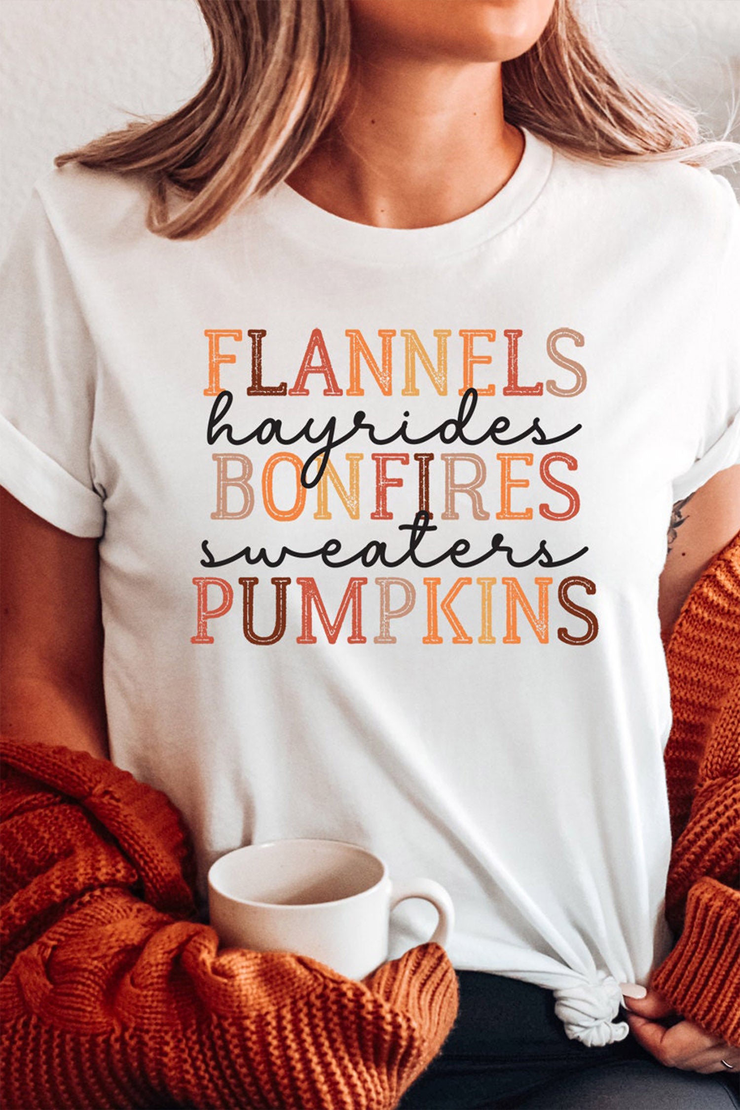 White FLANNELS BONFIRES PUMPKIN Letter Print Thanksgiving T-Shirt