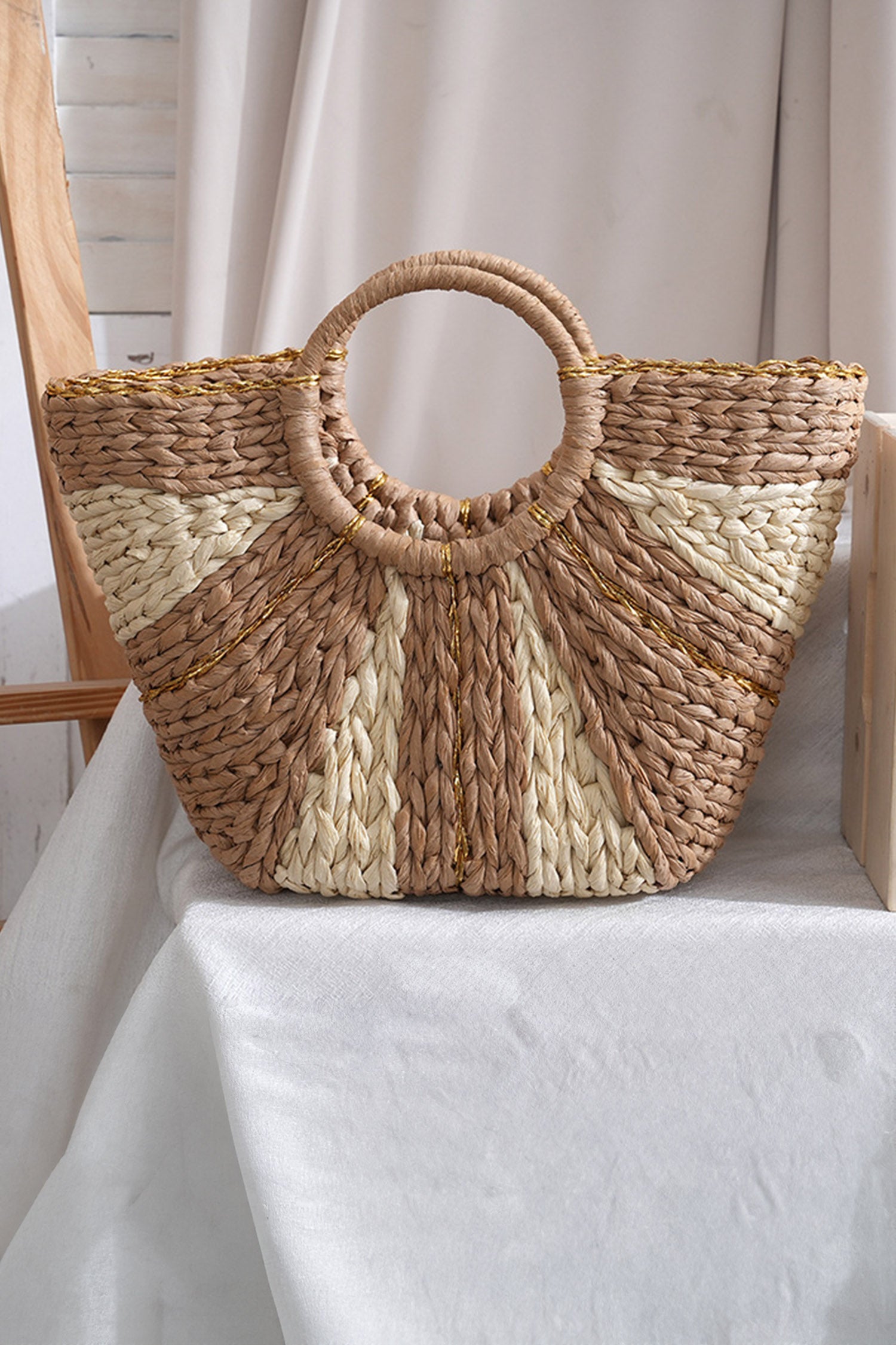 Light French Beige Fan Shape Color Block Handwoven Straw Tote Bag
