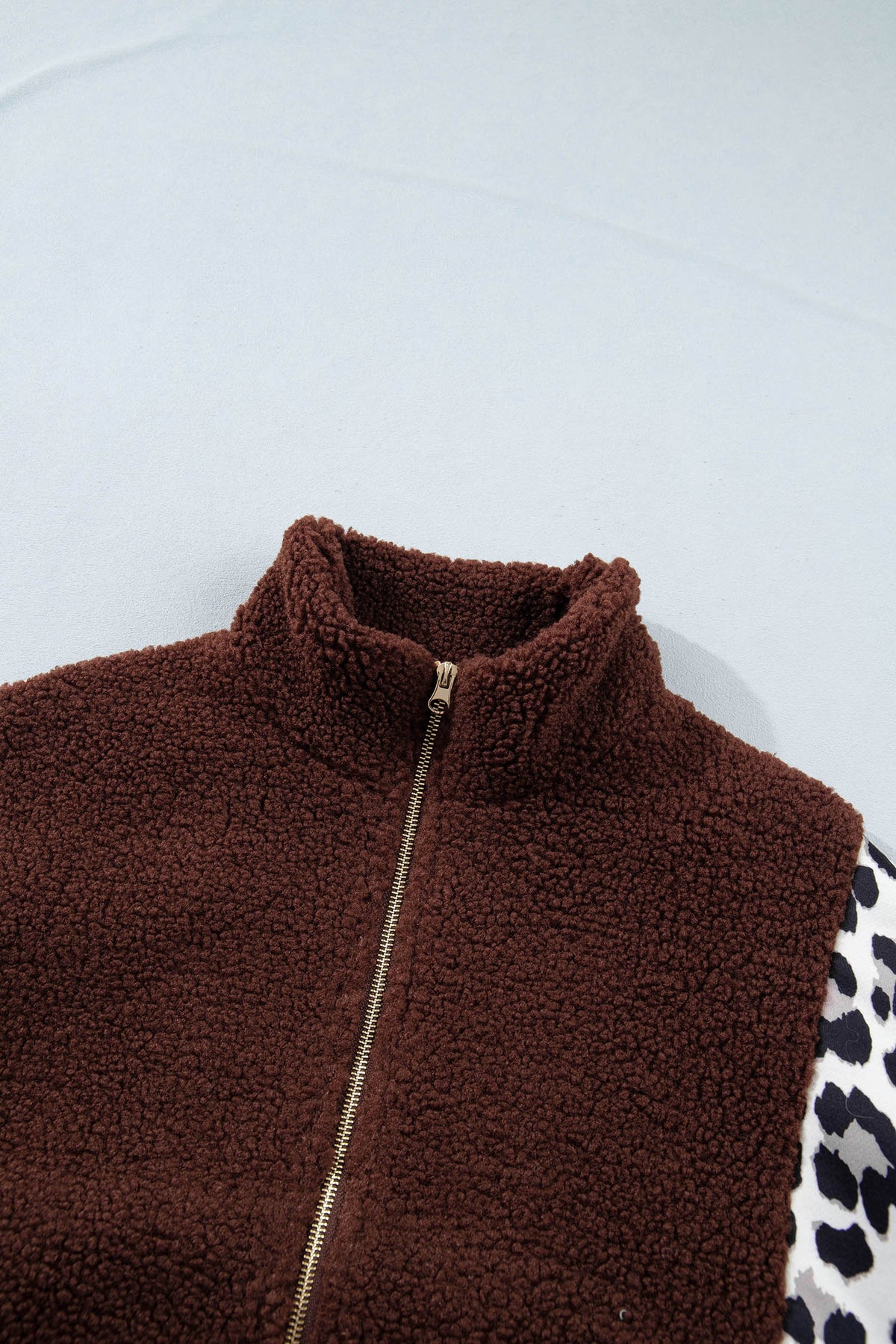Coffee Leopard Patchwork Fleece Western Style Zip-up Collar Jacket