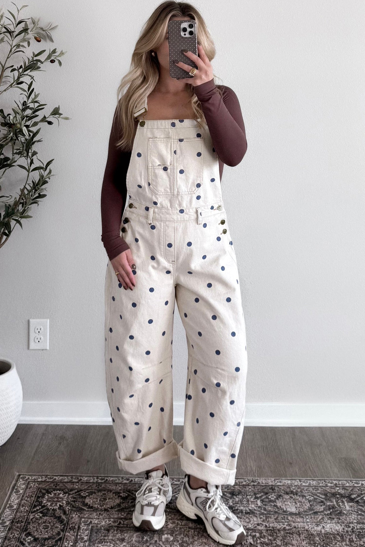 Jet Stream Polka Dot Print Bib Pocket Denim Barrel Overalls Jumpsuit